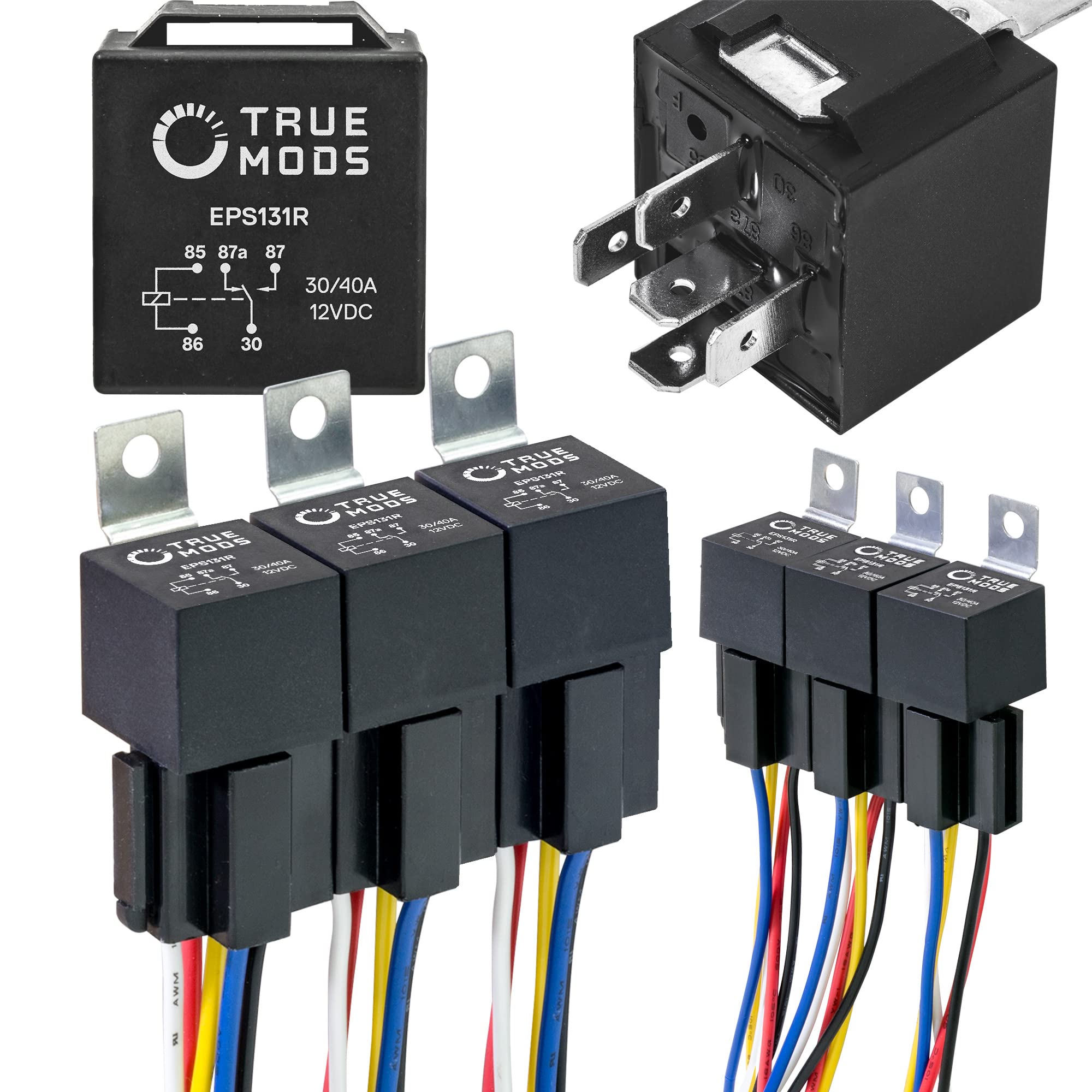 ONLINE LED STORE True MODS 6 Pack Bosch 5-Pin 12V Relay Kit - SPDT, 30/40 Amp, Interlocking Harness, 14 AWG Wires for Auto