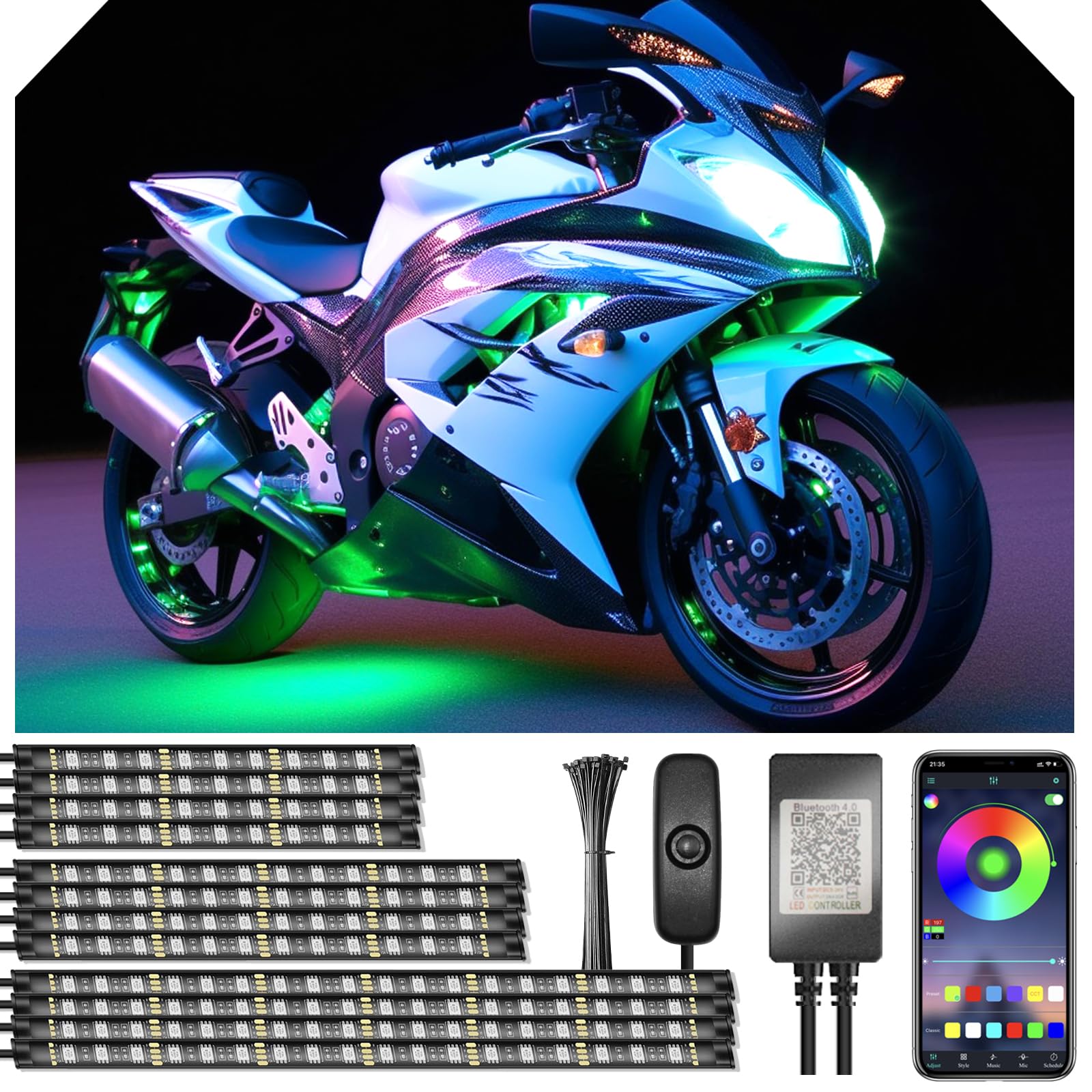 12Pcs Motorcycle Underglow Led Strip Light Kit Waterproof Rgb Neon Accent Lights Ground Effect Atmosphere Light Dc 12V With App & Handle Switch Control For Motorbike Trike Golf Carts Bikes