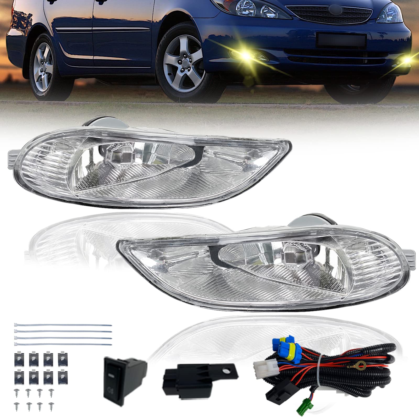 Driving Fog Lights Compatible With Toyota Camry 2002-2004/ Corolla 2005-2008/ Solara 2002-2003 Bumper Fog Lamps With Halogen Bulb & Switch And Wiring Kit (Clear Lens) (Fba)
