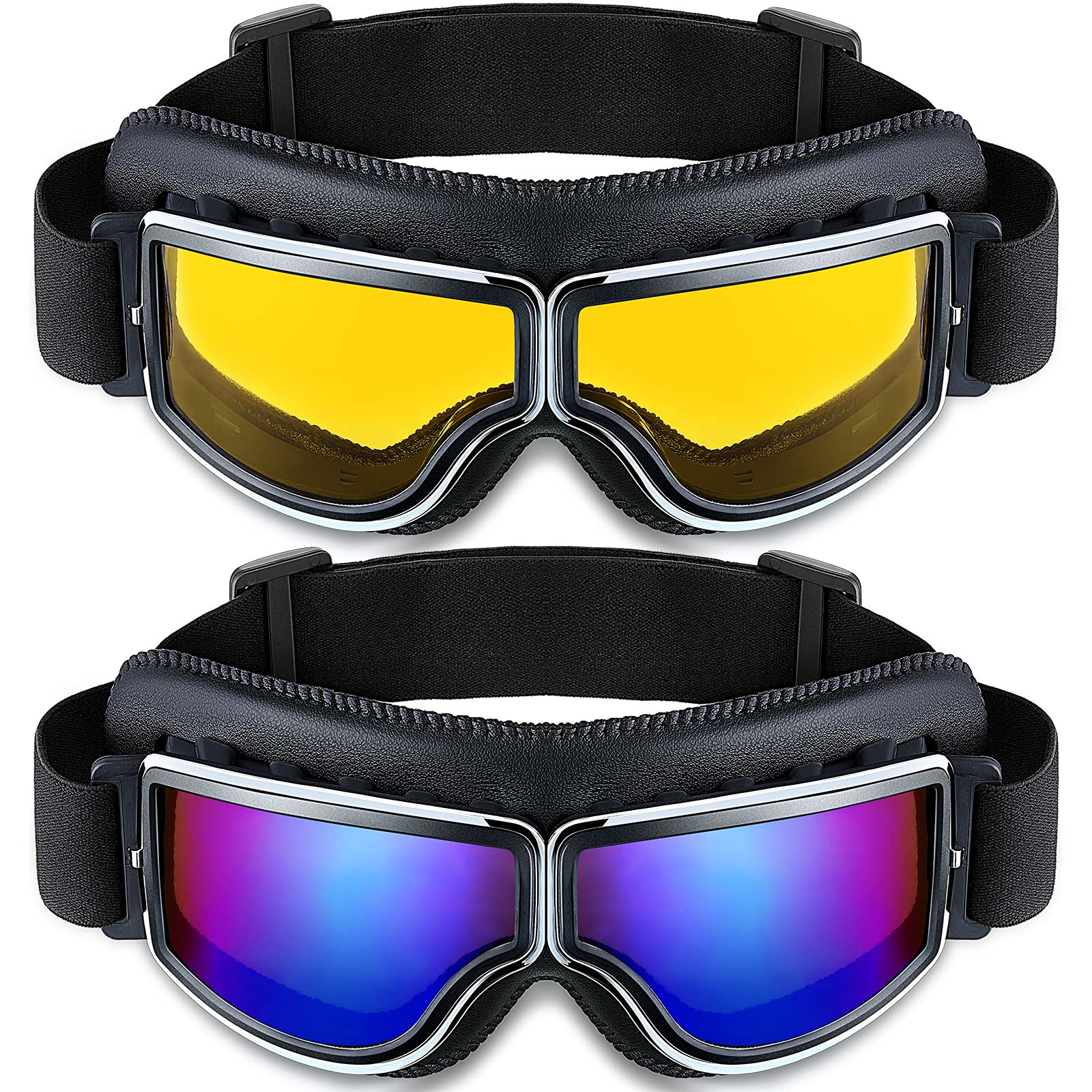 Frienda 2 Pieces Motorcycle Goggles Vintage Pilot Riding Dirt Bike Goggle Atv Anti-Scratch Dustproof Windproof (Yellow, Blue)