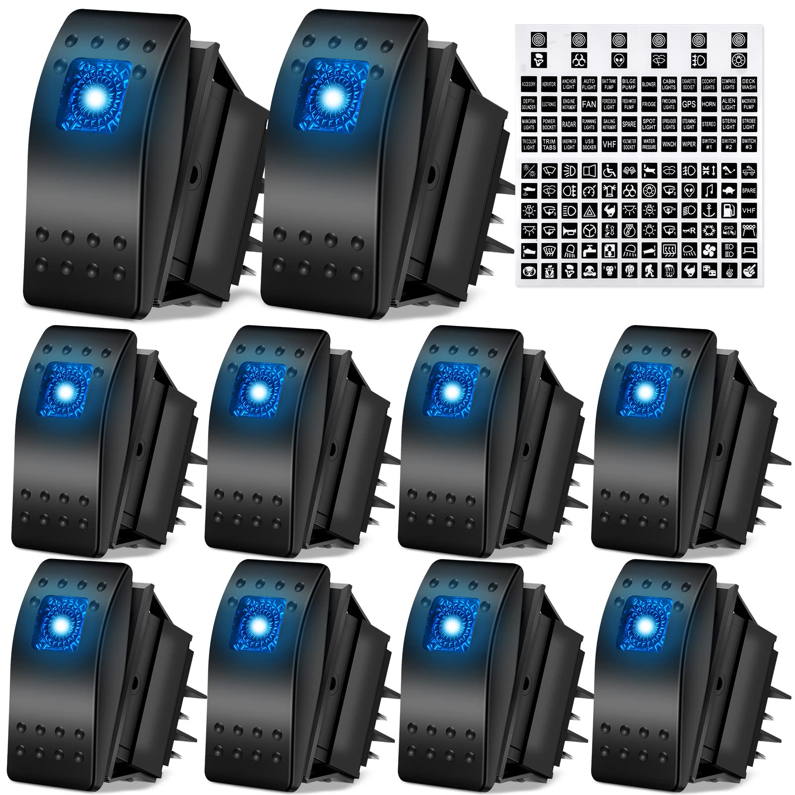 10 Pcs 12V 24V Toggle Switch Spst Dashboard 4 Pin Rocker Switch Blue Lighted Led Boat Switch Marine Switches Waterproof With Night Glow Sticker For Auto Truck Motorcycle Boat Utv Car