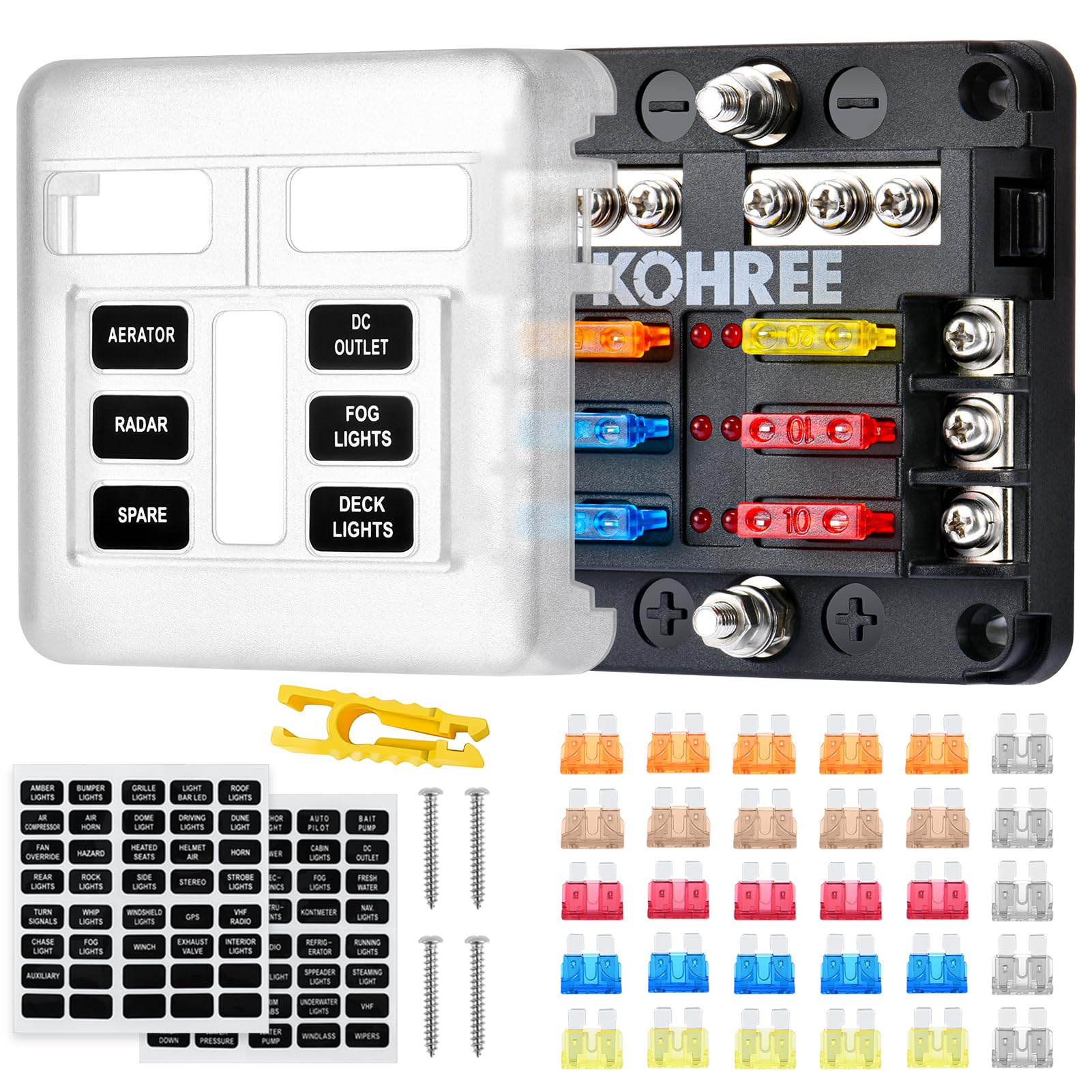 Kohree 6 Way Boat Fuse Block 12V, 12 Volt Marine Fuse Block Waterproof With Led Indicator, Automotive Fuse Box Holder 12V/24V With Negative Bus 30 Pcs Fuses Panel For Rv, Car, Boat, Marine