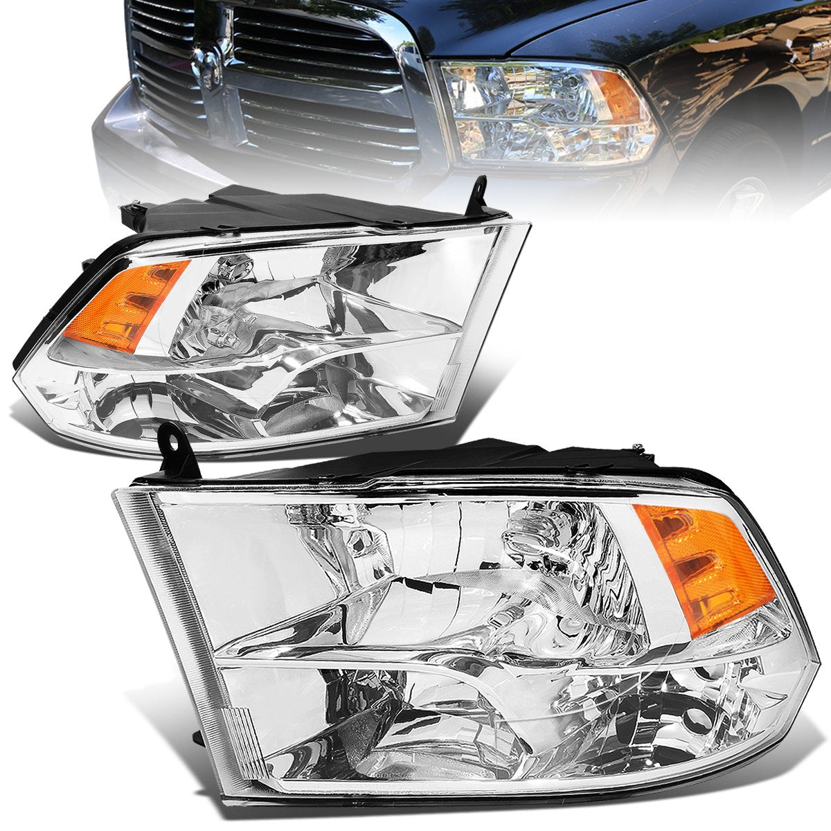 Auto Dynasty Quad Headlights Assembly Compatible With 2009-2010 Dodge Ram 1500-3500 New Body, 2011-2018 Ram 1500-5500, Halogen Headlamps Replacement, Left And Right Side, Chrome Housing Amber Corner