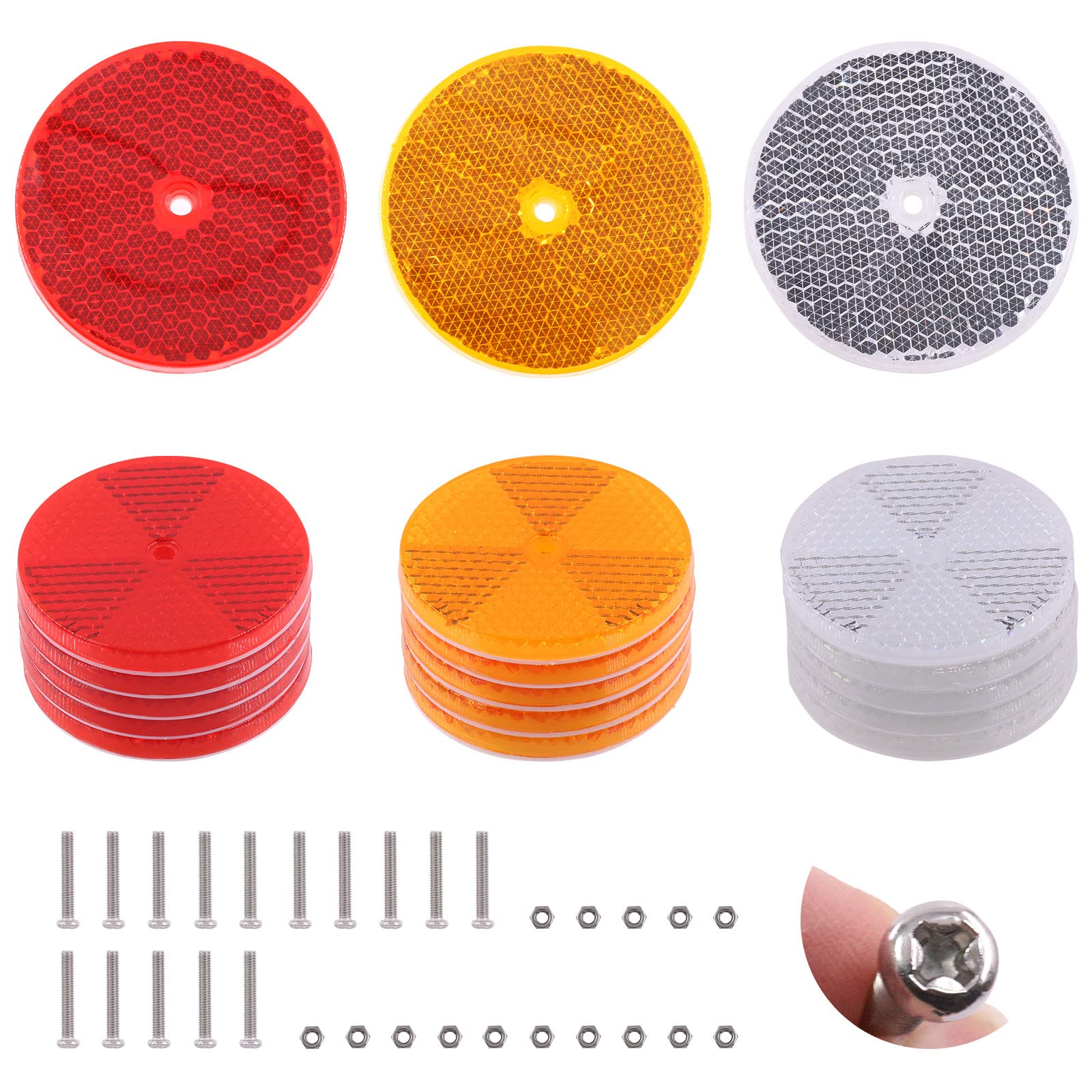 Swpeet 45Pcs Round Front Reflector Driveway Trailer Reflectors, 3 Colors Of Reflective Mailbox Reflector With Center Mounting Hole With 304 Stainless Steel Screw Used For Roads Mailboxes Tunnels