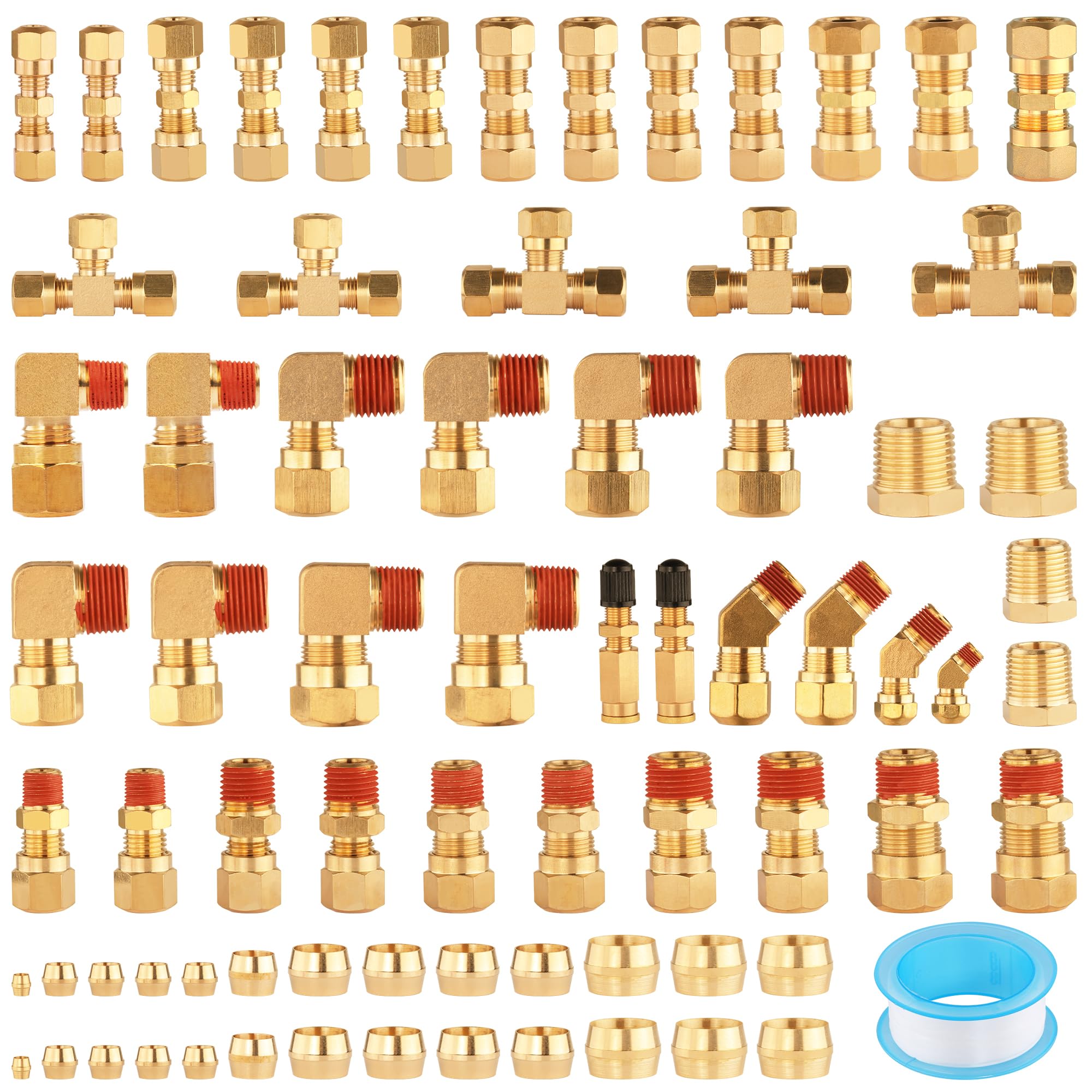 Ailbiuko 74Pcs Dot Air Brake Line Fittings,Brass Compression Air Nylon Tubing Fittings Assortment Kits 1/4' 1/8' 3/8' 1/2' 5/8' For Industrial Use Or Trucks Trailers