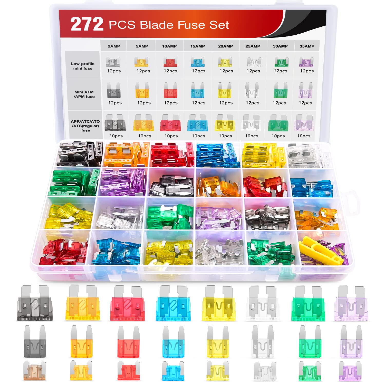 Nilight - 50019R 272Pcs Standard & Mini & Low Profile Mini Blade Fuse Assortment, 2A 5A 10A 15A 20A 25A 30A 35A Replacement Fuses For Car Boat Truck Suv Automotive
