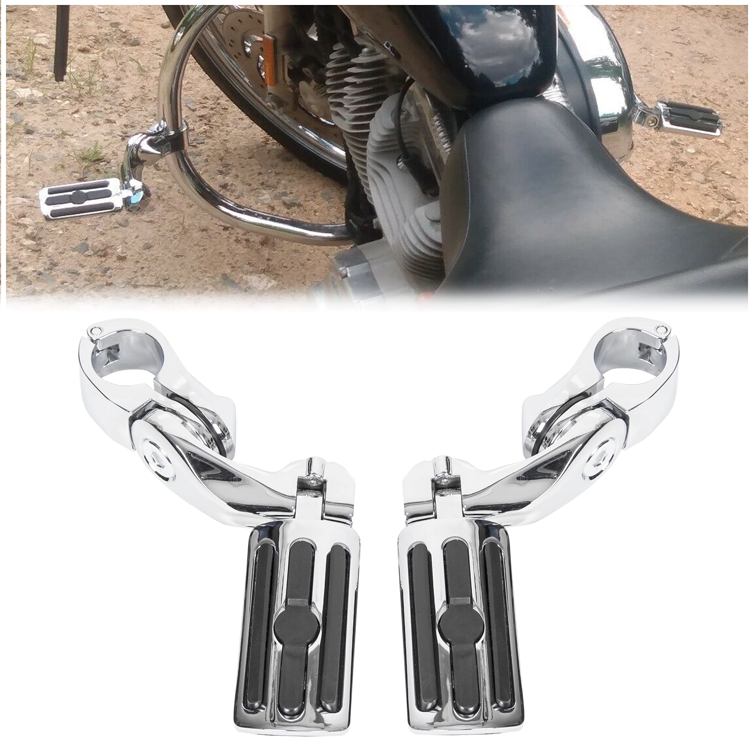 Ecotric 1.25'' Motorcycle Highway Footpegs Foot Pegs W/Quick Clamps Compatible With Harley Davidson Touring Road King Street Glide Honda Kawasaki Suzuki Yamaha Crash Bar Engine Guards - Short Angle