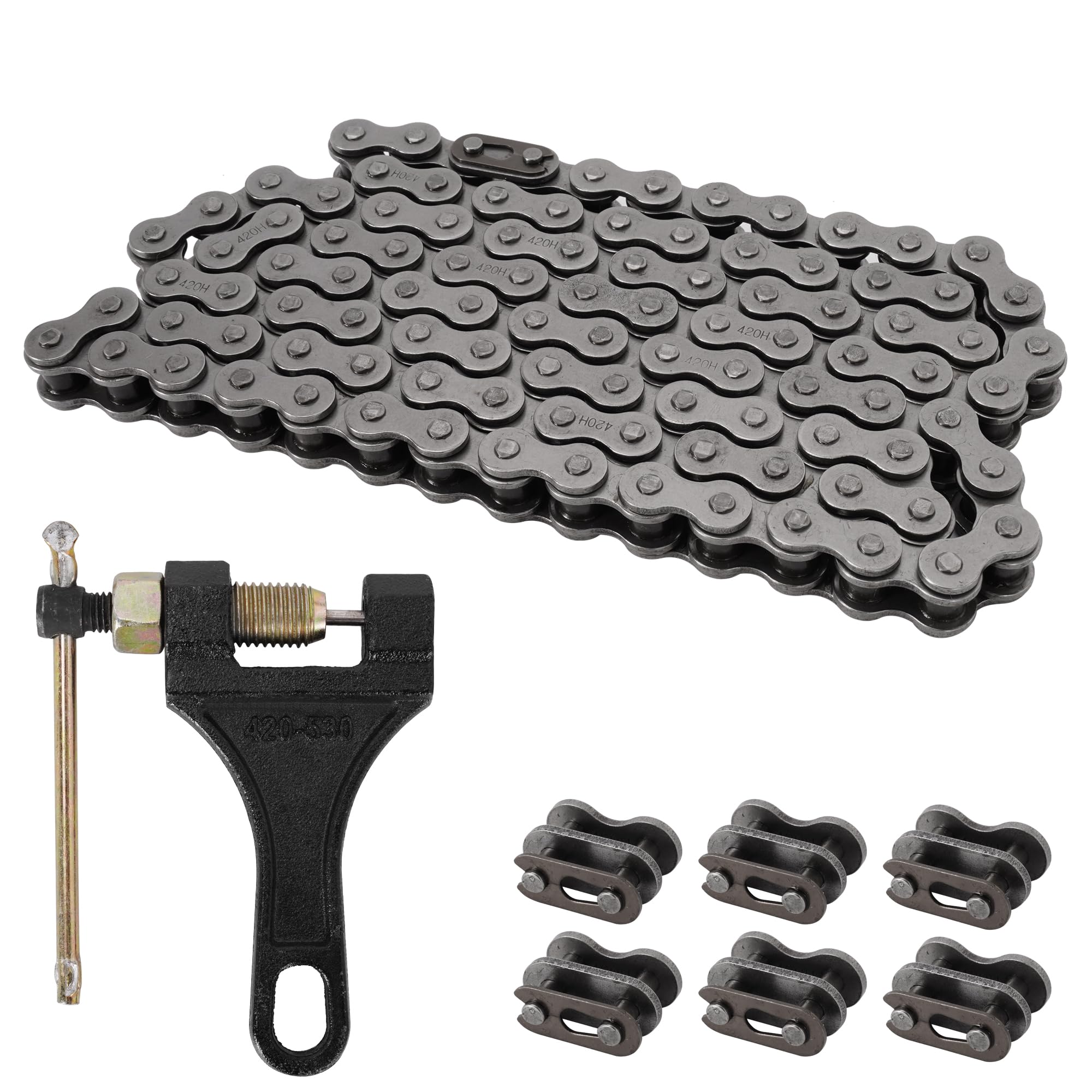 Rutu 420 Chain Master Link 102 Links 420 Heavy Duty Drive Roller Chain For Xr50 Crf50 Crf70 Pw80 50Cc 70Cc 90Cc 110Cc 125Cc Motorcycle Dirt Pit Bike Atv Go Kart 4 Wheeler Quad With Chain Breaker