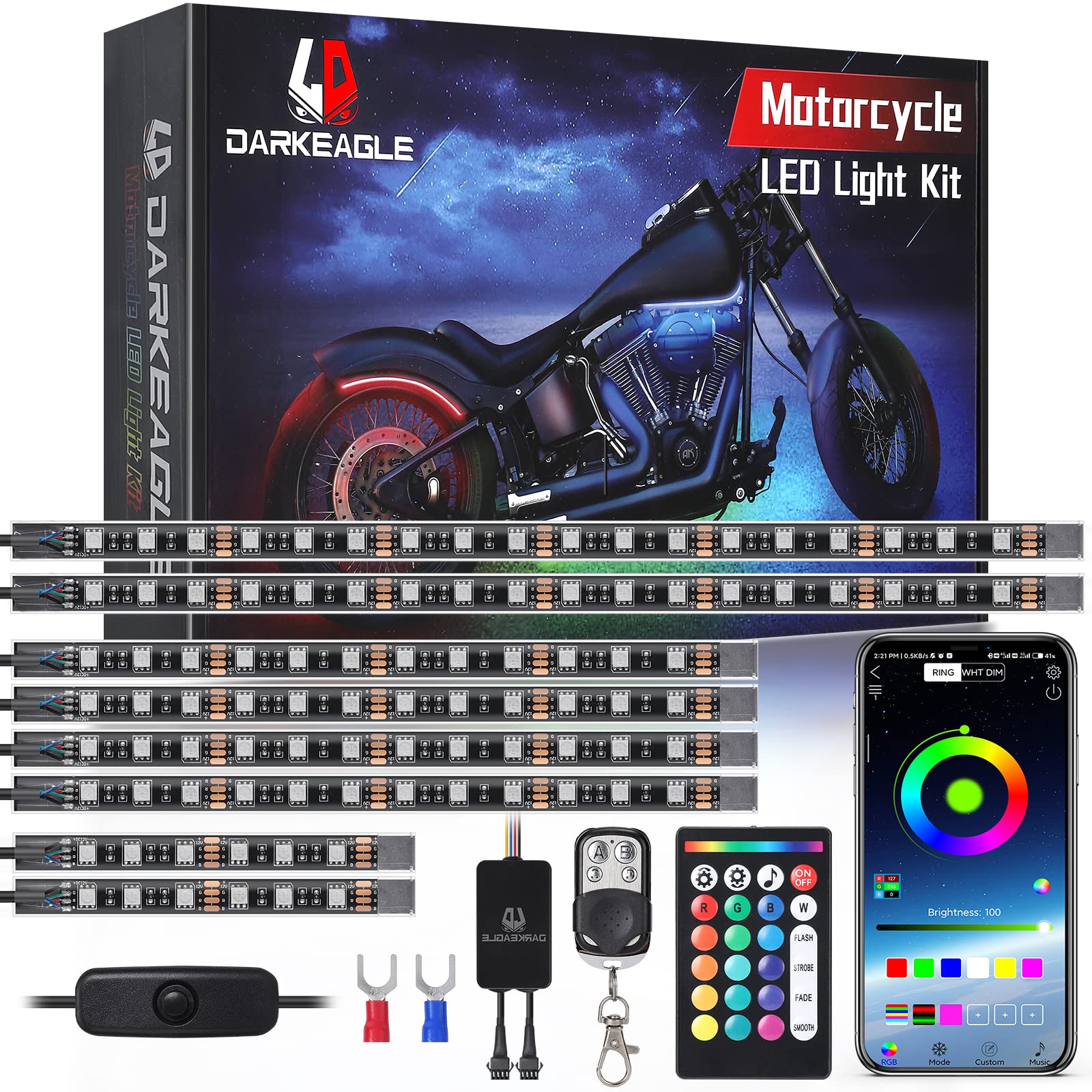 Ld Darkeagle 8Pcs Motorcycle Rgb Led Light Kits With App/Rf Remote, Dual Zone Motorcycle Strip Lights With Brake Turn Signal, 12V Waterproof Multi-Color Motorcycle Underglow Lights For Harley Honda