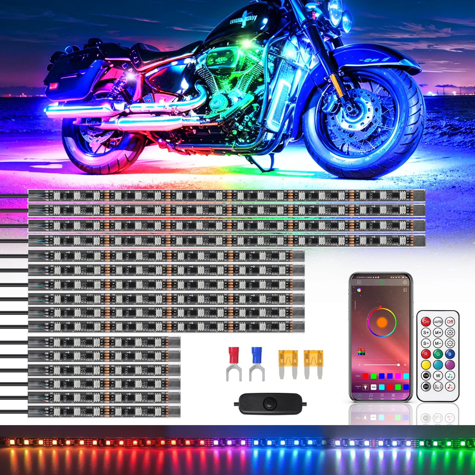 16Pcs Chasing Effect Motorcycle Rgb Led Lights Kit With App/Rf Remote Brake Turn Signal, Dreamcolor Motorcycle Led Underglow Light Strips Kit Multi Color Underbody 12V Waterproof For Harley Honda