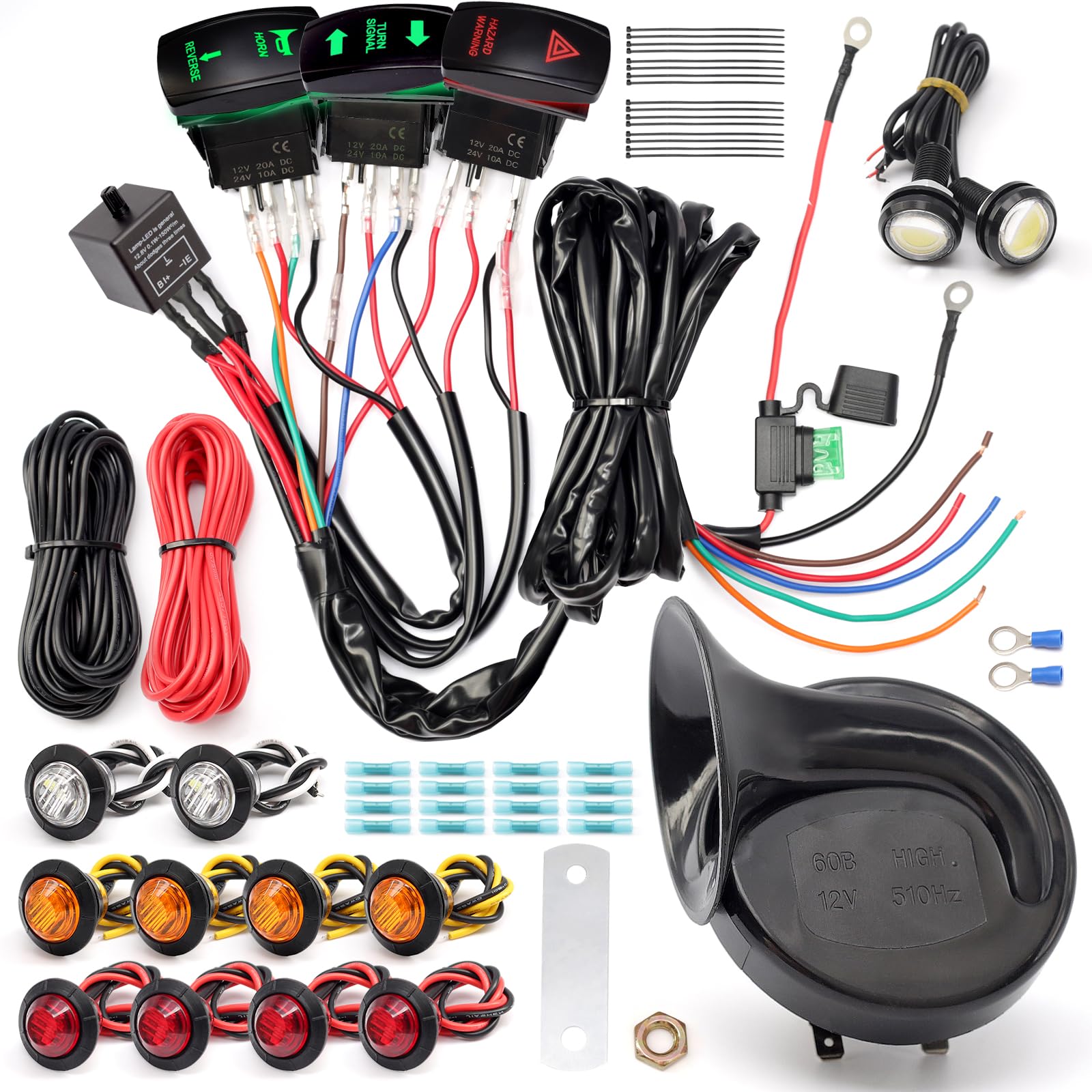 Erchon Pre-Wired Atv Utv Turn Signal Horn Kit,Universal Street Legal Kit Warning Light Rocker Switch Kit With 1Horn Reverse Lights Flasher Relay Fuse,Blinker Kit For Utv Rov Atv Golf Sxs