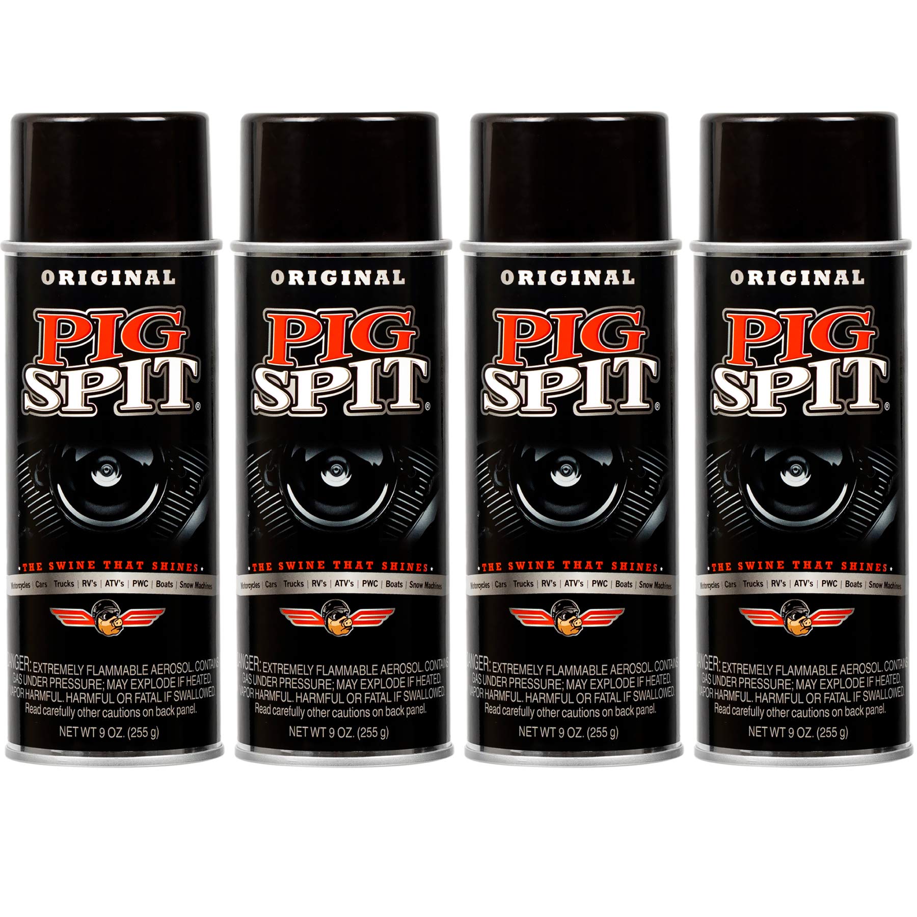 Pig Spit Original For Use On Motors, Transmissions, Vinyl And Black Plastic Trim Components And Tires, 9 Oz, 4-Pack