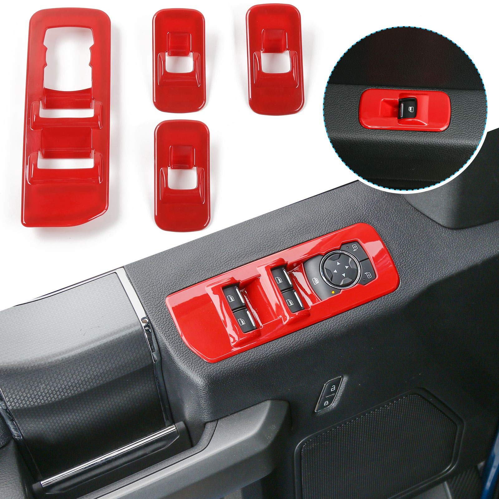 Jecar For F150 Window Lift Switch Panel Decoration Frame Cover Trim For 2015 2016 2017 2018 2019 2020 Ford F150 Accessories (Red)