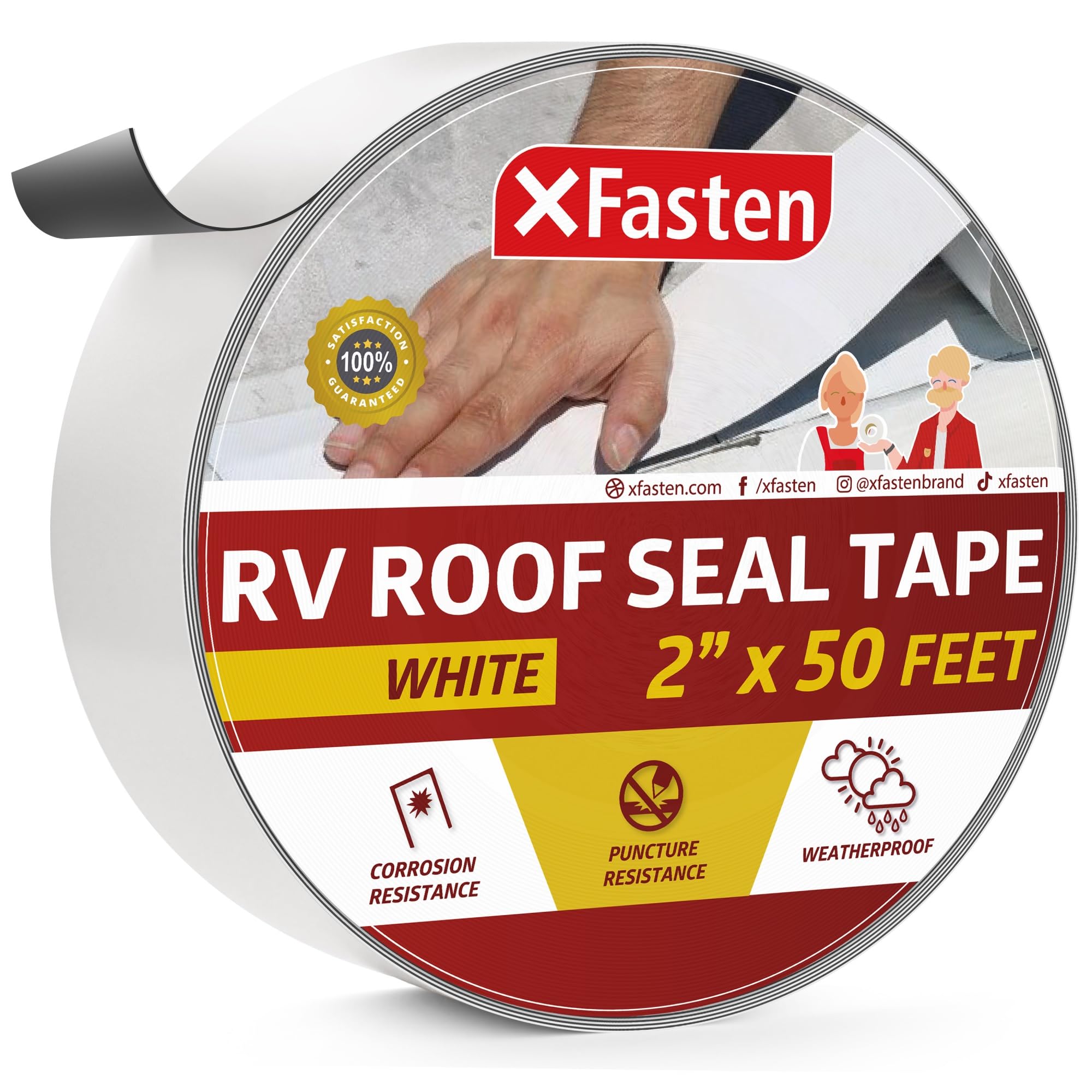 X Fasten Rv Repair Tape, White, 2-Inches X 50-Foot, Weatherproof Rv Rubber Roof Patch Tape For Rv Repair, Window, Vent, Boat Sealing, And Camper Roof Leaks