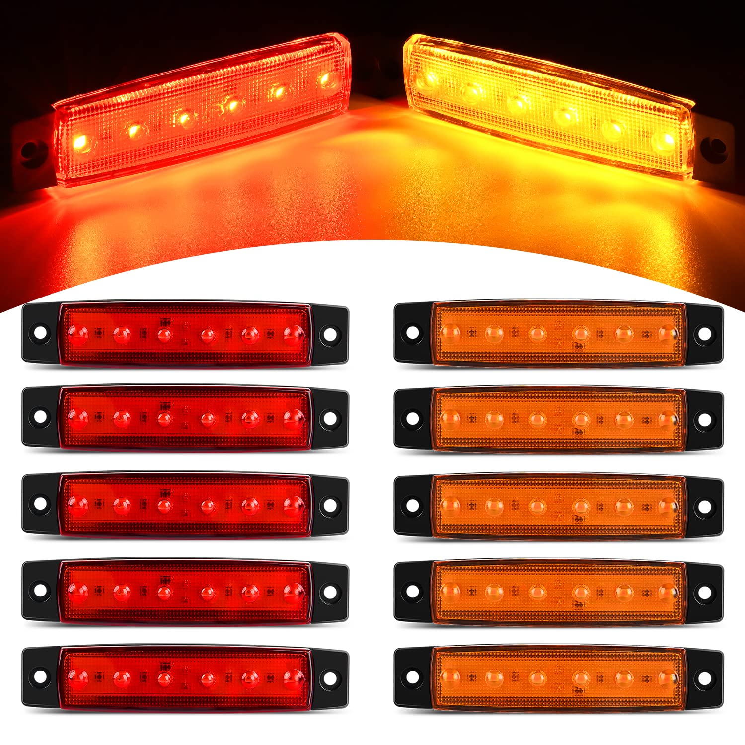 Nilight - Tl-13 10 Pcs Amber Red 3.8” 6 Led Amber Side Led Marker Clearance Indicator Light Rear Side Marker Light For Truck Trailer Rv Cab Boat Bus Lorry Led, 2 Years Warranty.