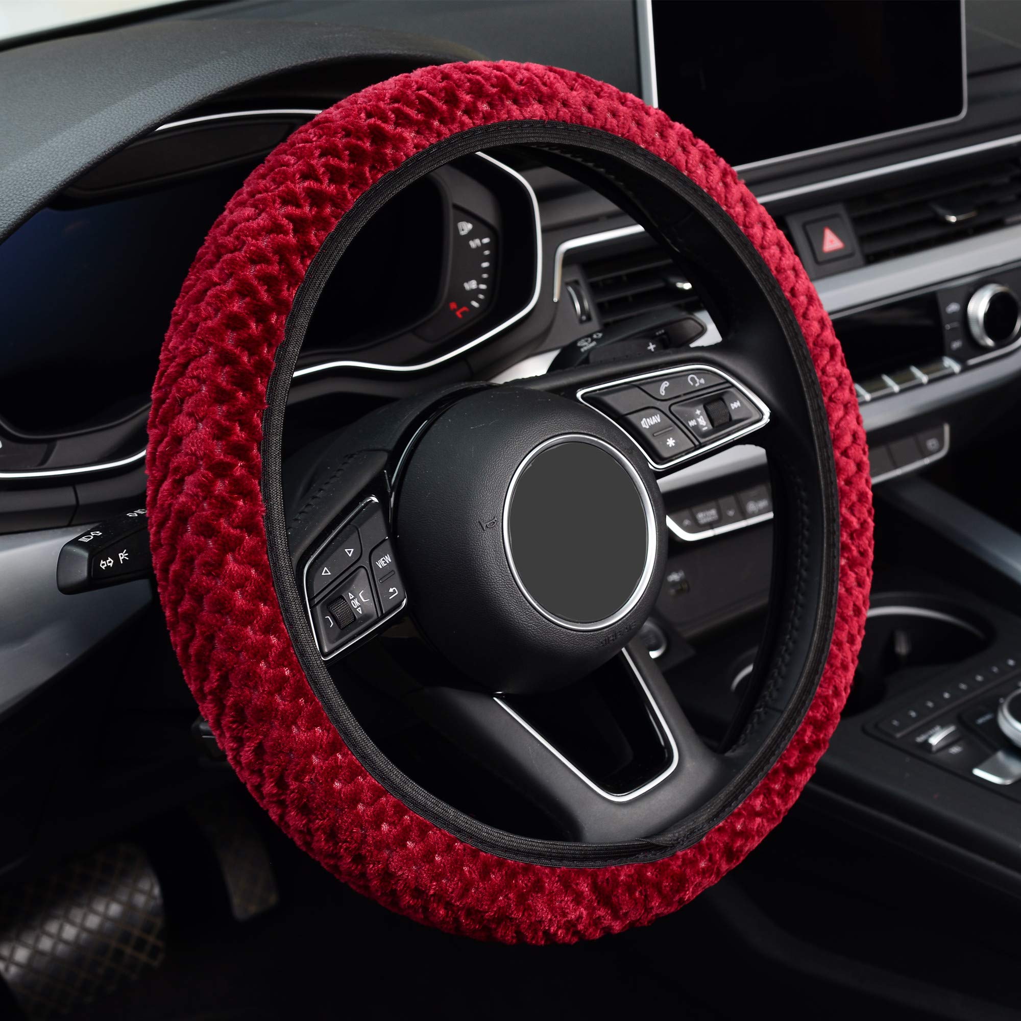 Kafeek Elastic Short Microfiber Plush Steering Wheel Cover For Winter Warm, Universal 15 Inch, Anti-Slip, Odorless, Wine Red