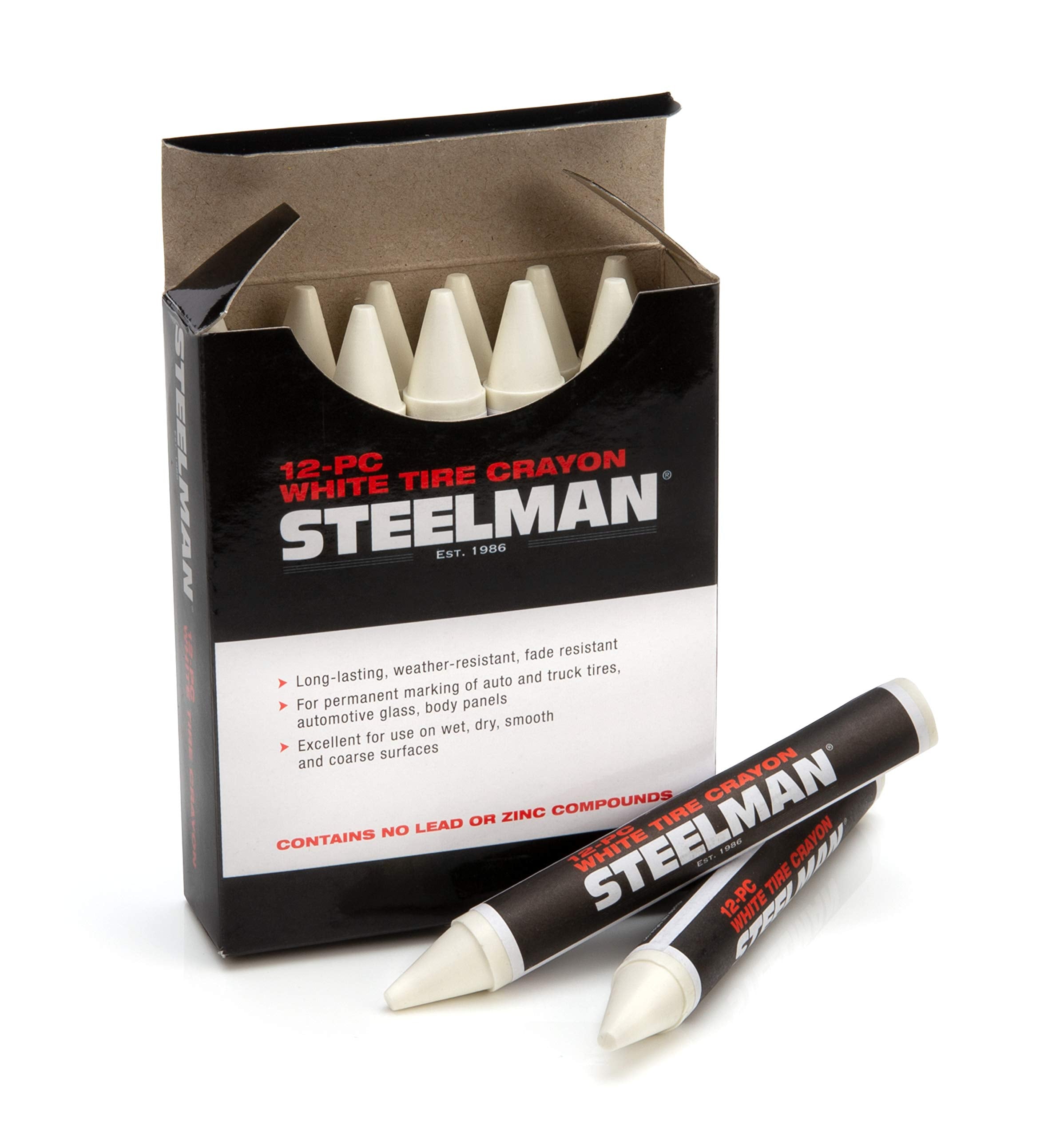 Steelman White Tire Marking Crayons For Mechanics, Marks Damage On Wet And Dry Tires, Box Of 12