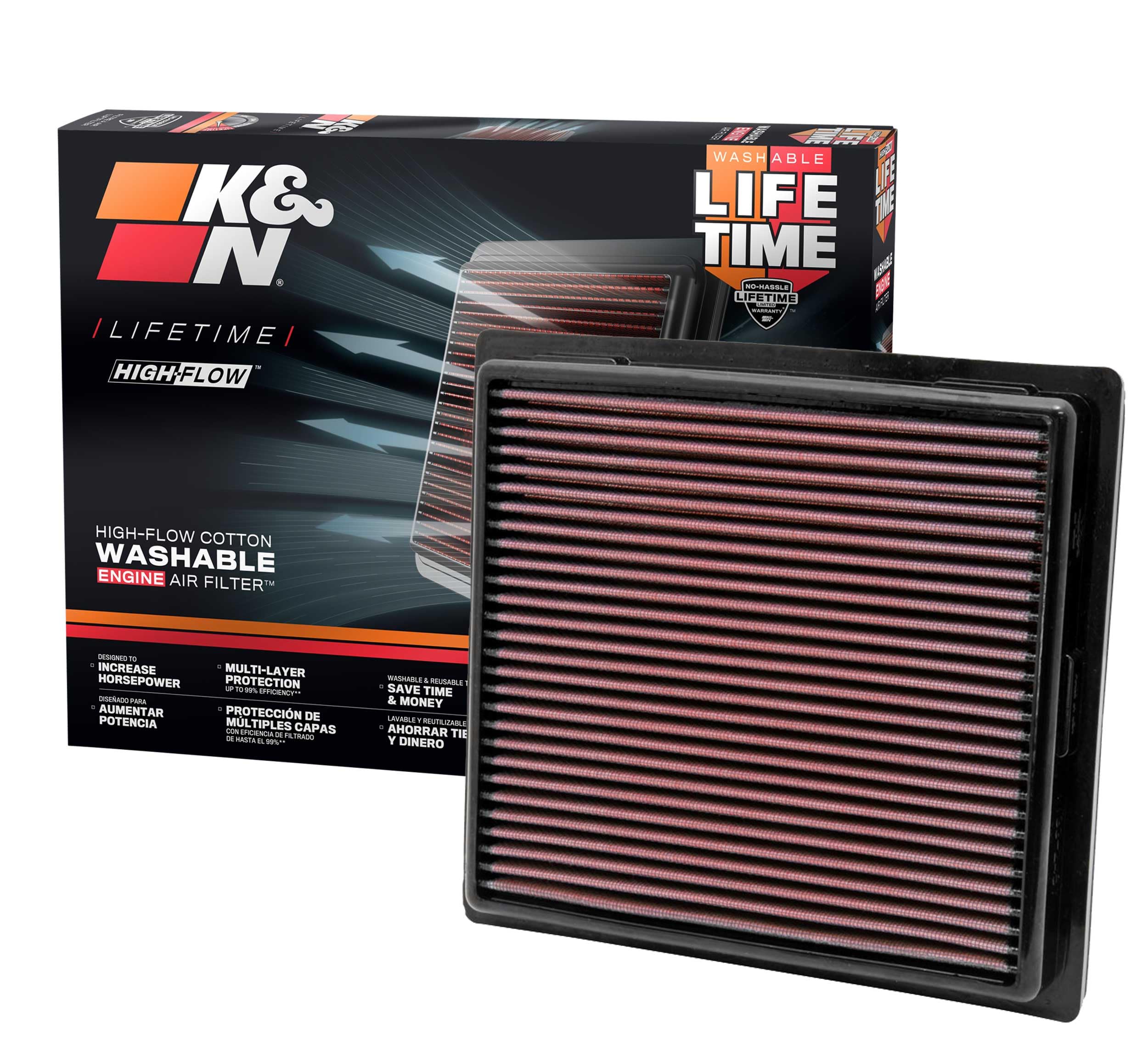 K&N High-Flow Original Lifetime Engine Air Filter: Increase Power & Towing, Washable, Premium, Replacement Air Filter: Compatible With 2010-2019 Jeep/Dodge Suv V6/V8 (Grand Cherokee, Durango), 33-2457