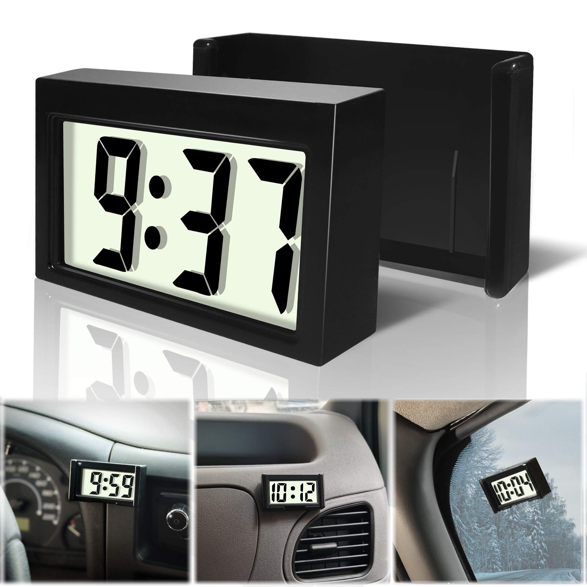 Betus Car Dashboard Digital Clock - Vehicle Adhesive Clock With Jumbo Lcd Time & Day Display - Mini Automotive Stick On Watch For Car Truck Dashboard & Air Vent(Black)