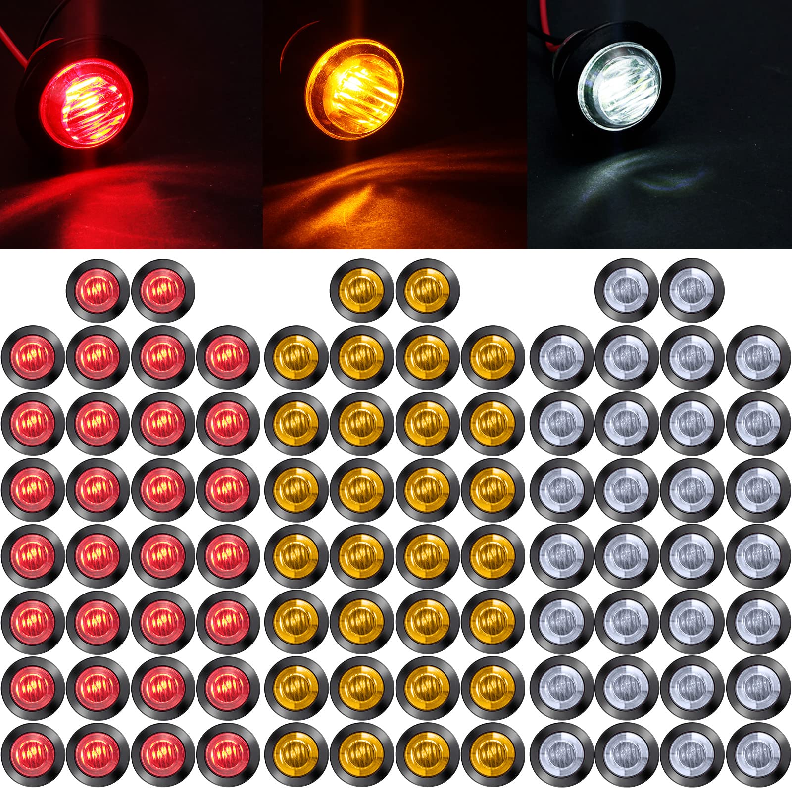 90 Pack 3/4 Inch Led Side Marker Lights Mini Trailer Button Lights Round Signal Lamp 3 Led Sealed Flush Mount Bulb For Boat Lorry Truck Pickup Bus 12V Dc, Amber, Red, White