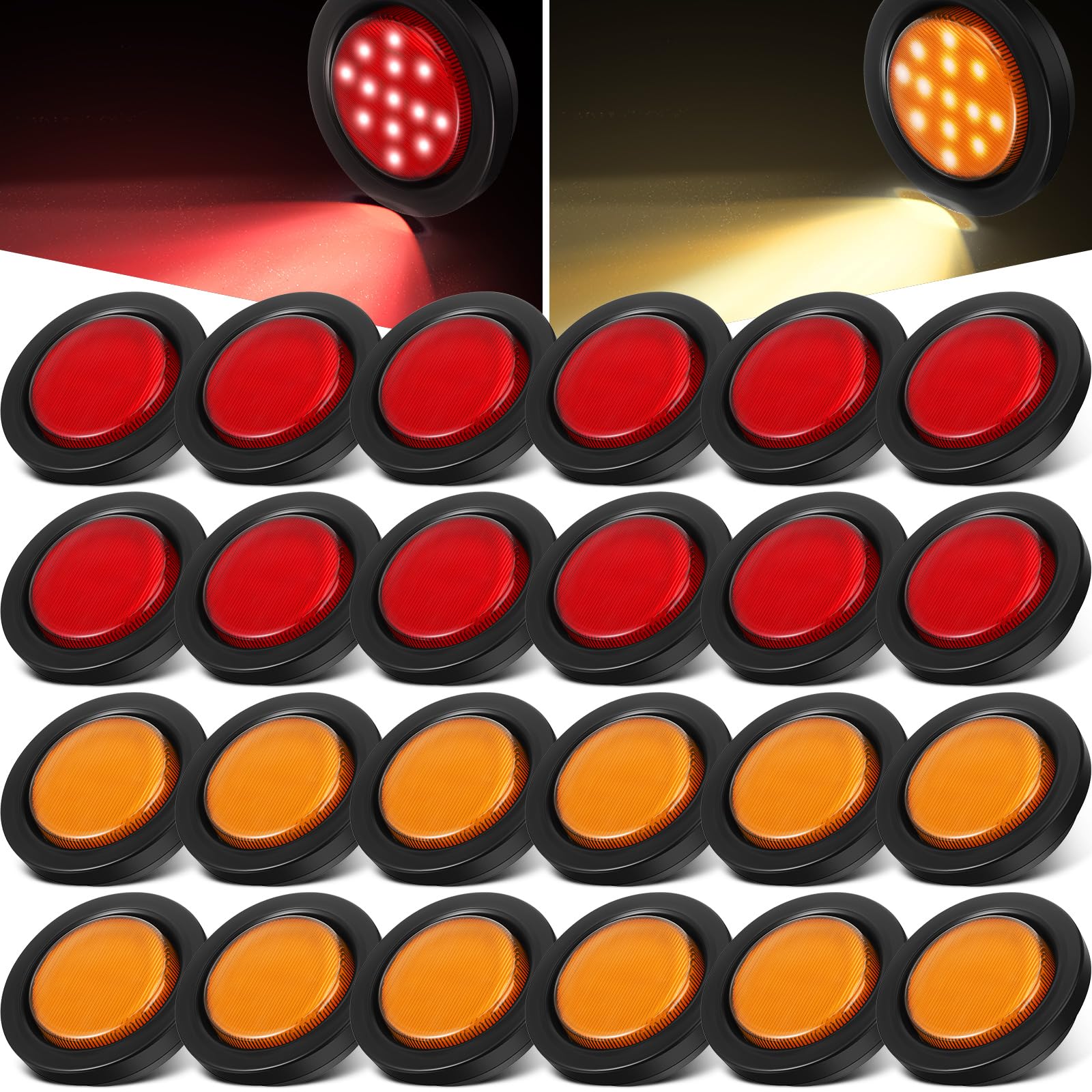 Retisee 24 Pcs 2.5' Round Clearance Lights 13 Led Front Rear Side Marker Indicators Lights Waterproof 12V Sealed Flush Mount Marker Lights For Truck Rv Car Bus Trailer Van Caravan Boat, Red, Yellow