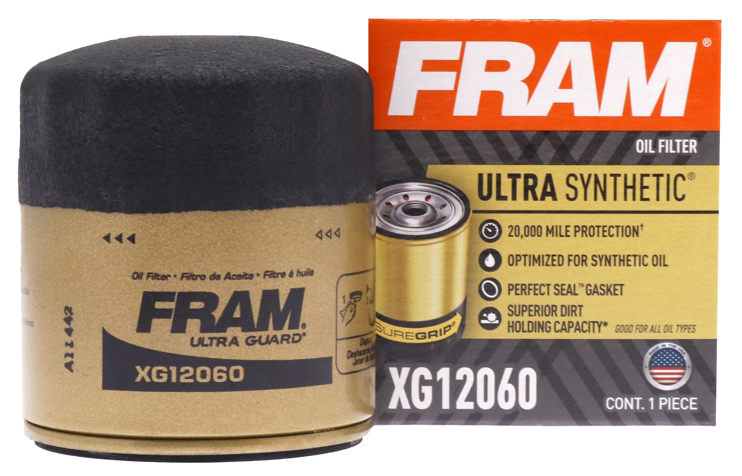 Fram Ultra Synthetic Automotive Replacement Oil Filter, Designed For Synthetic Oil Changes Lasting Up To 20K Miles, Xg12060 With Suregrip (Pack Of 1)