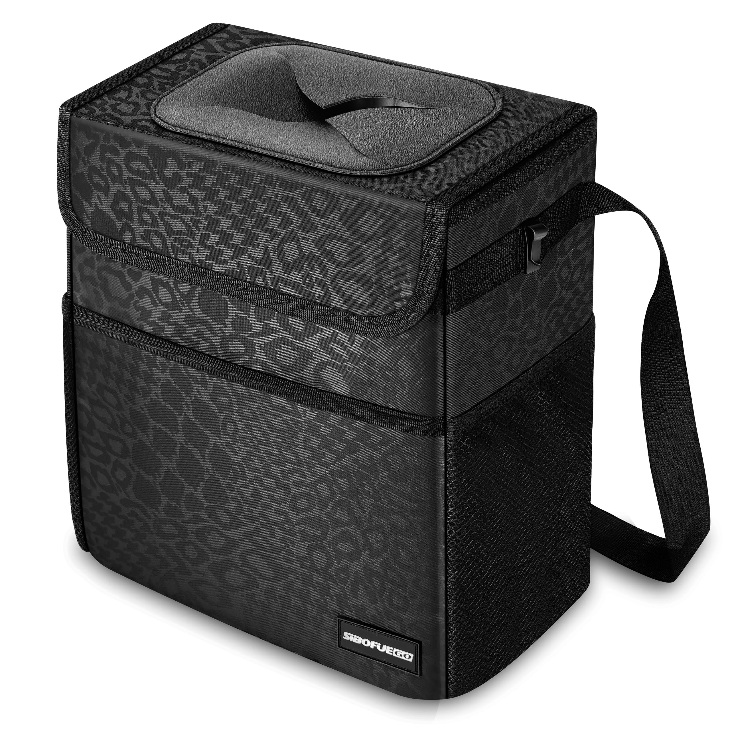 Sibofuego Cute Car Trash Can With Lid - Leak Proof Car Trash Bag Hanging Waterproof Car Garbage Can With Storage Pockets Multipurpose Collapsible Car Organizer, 2.5 Gallons (Black Leopard)