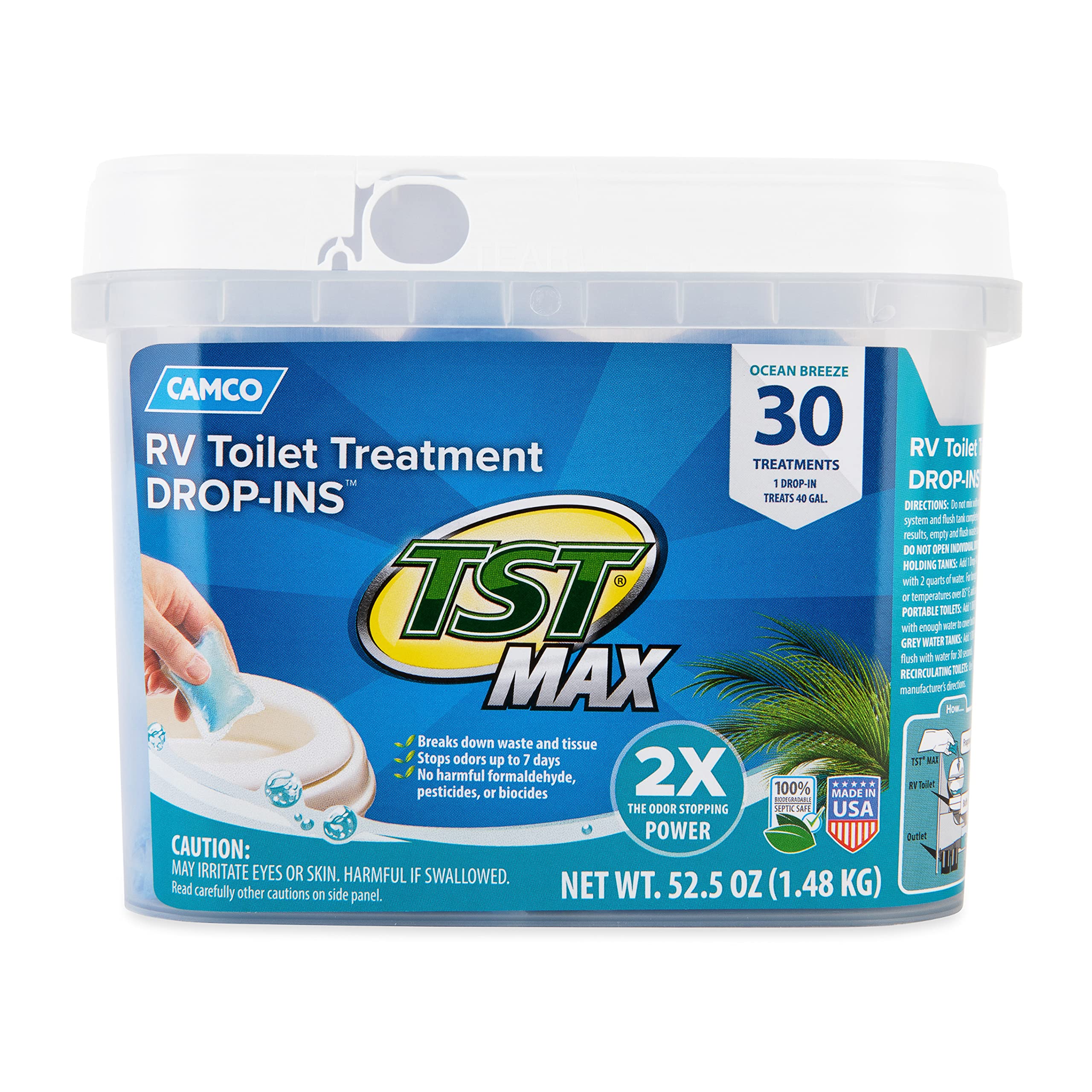 Camco Tst Max Rv Toilet Treatment Drop-Ins | Control Unwanted Odors And Break Down Waste And Tissue | Septic Tank Safe | Ocean Breeze Scent | 30-Pack (41615)