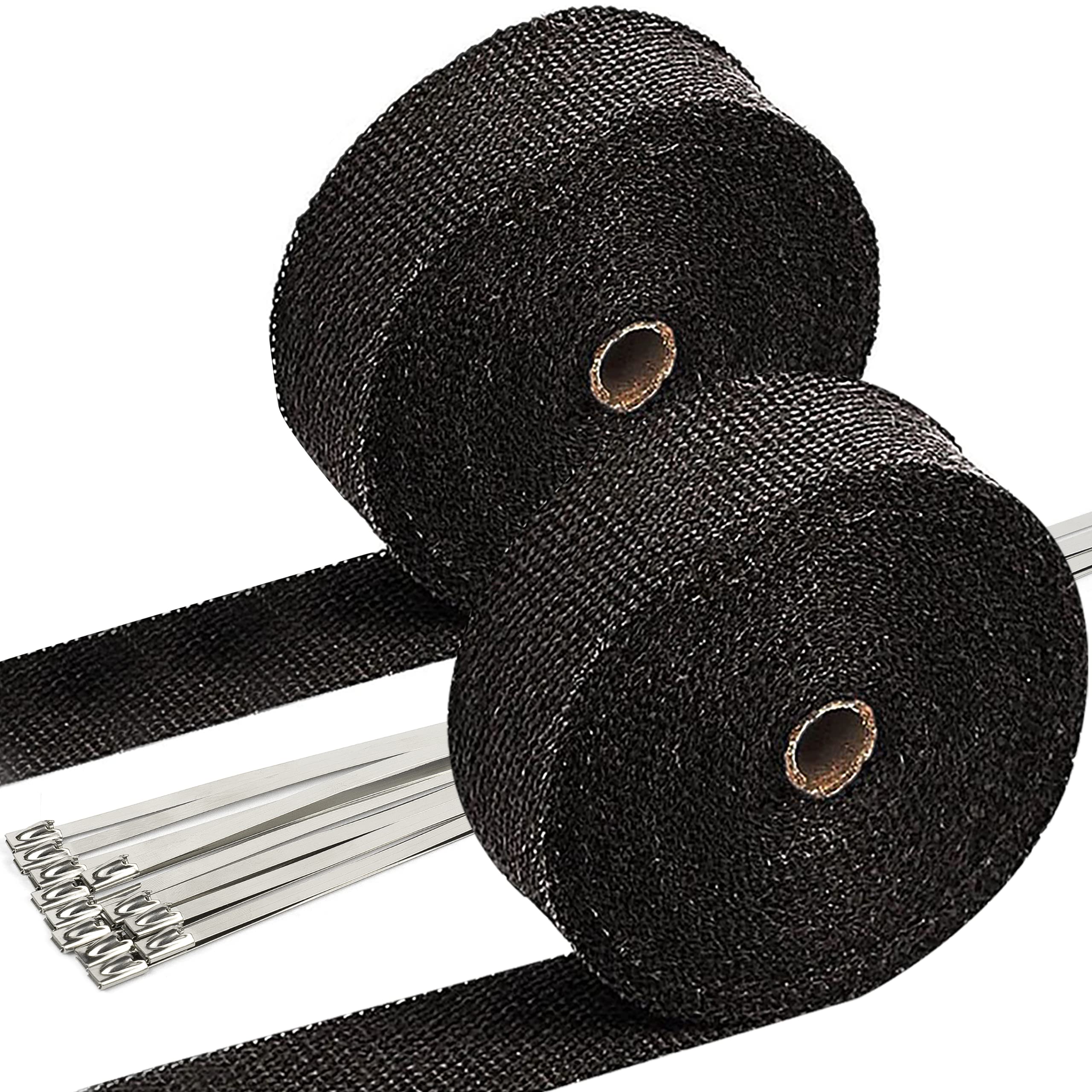 Sunplustrade 2' X 50' Black Exhaust Header Heat Wrap For Motorcycle Cars Heat Shield With Stainless Steel Zip Tie (2 Pack)