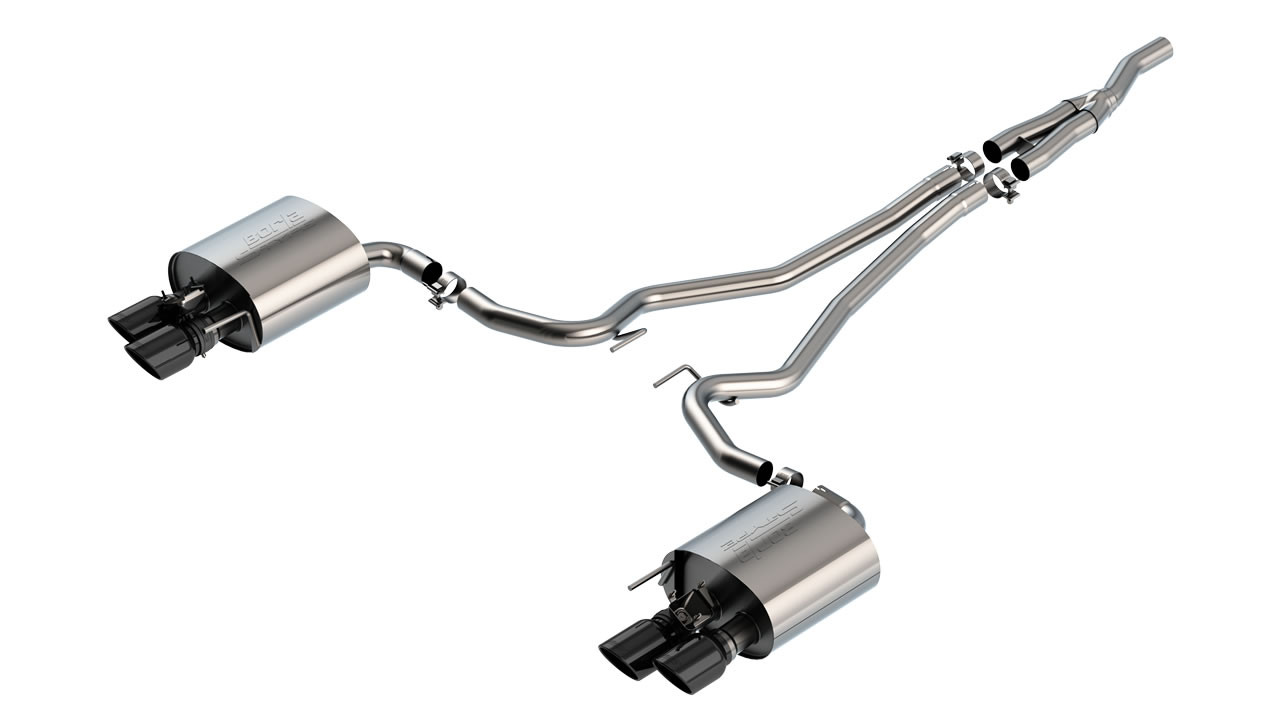 Borla 2.25" S-Type Cat-Back Exhaust System w/ 4" Quad Black Chrome Tips :: 2019-2023 Ford Mustang EcoBoost w/ Active Exhaust