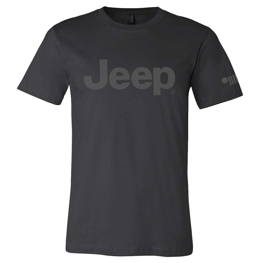Jeep Premium Text Logo Blackout T-Shirt, Black Tee With Charcoal Grey Screen-Print On Chest, 7-Slot Grille Logo On Sleeve (L)