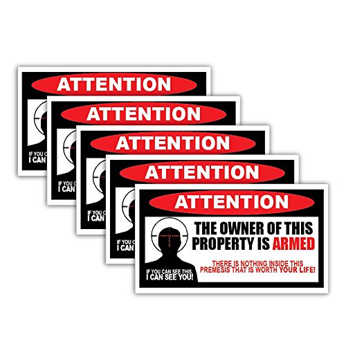 5 Pack Of Owner Is Armed Warning Stickers Decals Anti-Theft Security Burglar Alarm Peel And Stick Signs