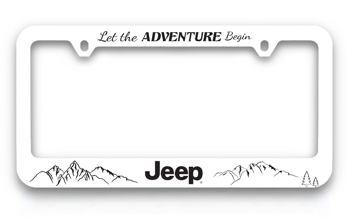 Jeep Let The Adventure Begin Wordmark Uv Printed White Plastic License Plate Frame Holder