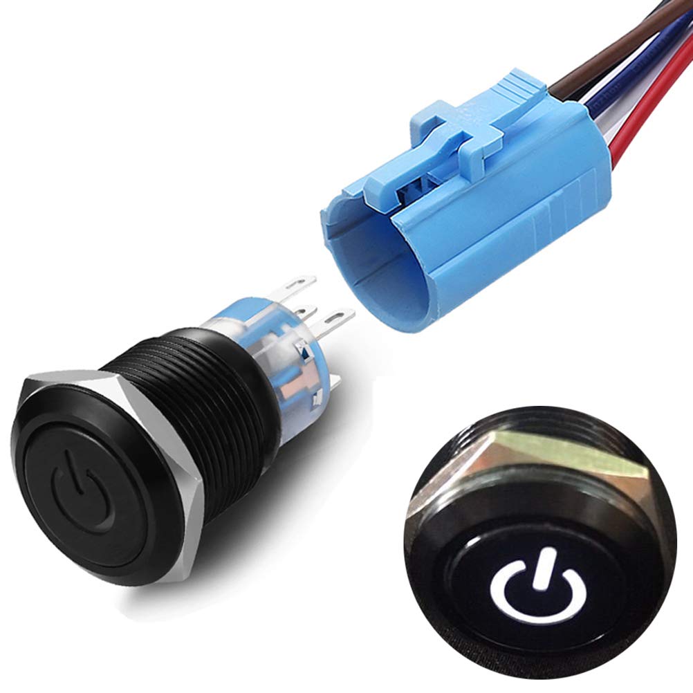 Quentacy 19Mm 3/4' Latching Pushbutton Switch 12V Power Symbol Led 1No1Nc Spdt On/Off Black Metal Waterproof Toggle Switch With Wire Socket Plug (White)