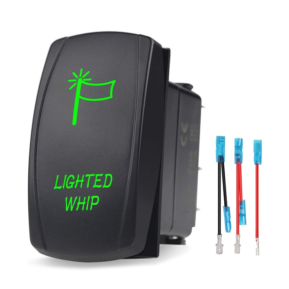 Waterwich Lighted Whip Illuminated Rocker Toggle Switch Waterproof With Jumper Wires Set Dc 20A 12V/10A 24V 5Pin On-Off/Spst Rocker Switch For Auto Truck Boat Marine Rv (Green)