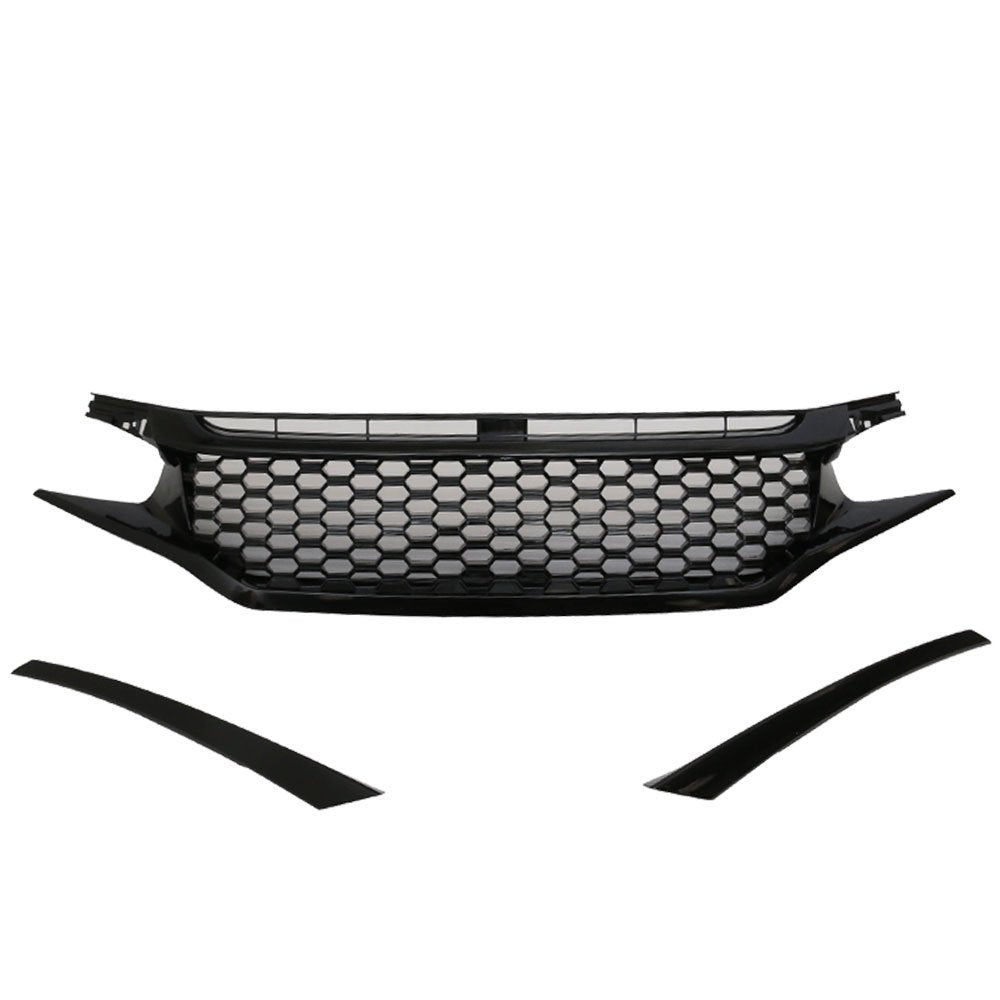 Grille Compatible With 2016-2021 Honda Civic, Abs Plastic Black Front Bumper Grill Hood Mesh By Ikon Motorsports