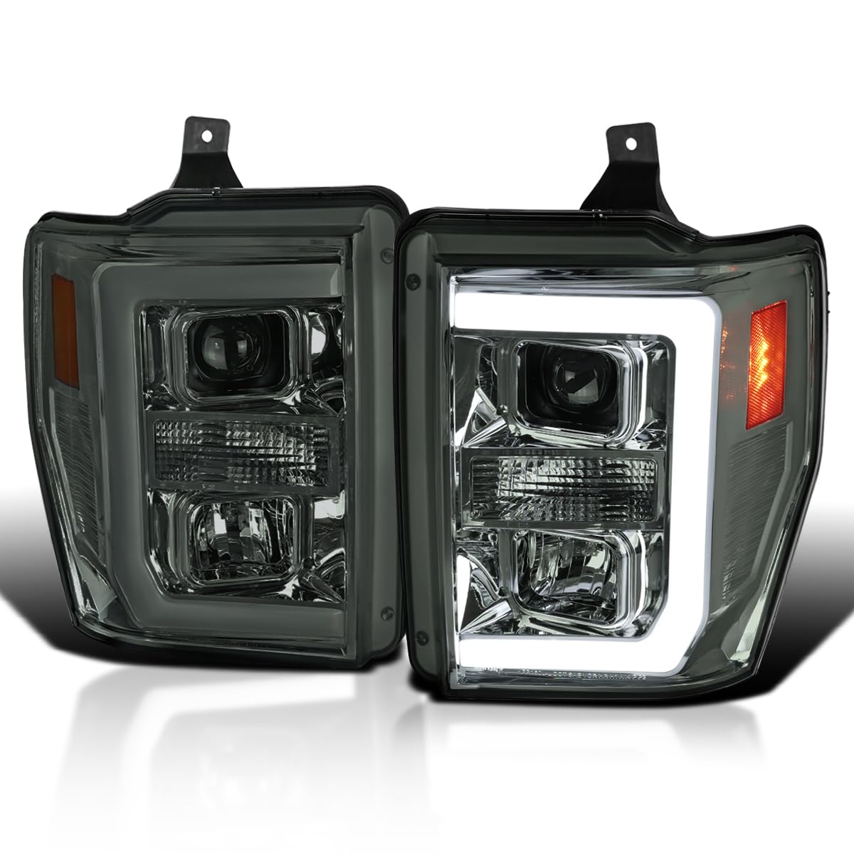 Spec-D Tuning Led Light Bar Smoke Lens Projector Headlights Compatible With 2008-2010 Ford F250/F350/F450/F550 Super Duty, Left + Right Pair Headlamps Assembly