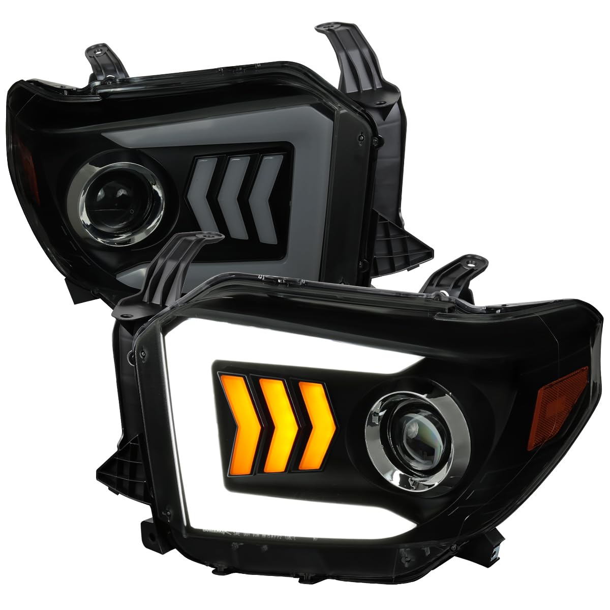 Spec-D Tuning Led Sequential Signal Black Smoke Projector Headlights Compatible With 2014-2021 Toyota Tundra, Left + Right Pair Headlamps Assembly