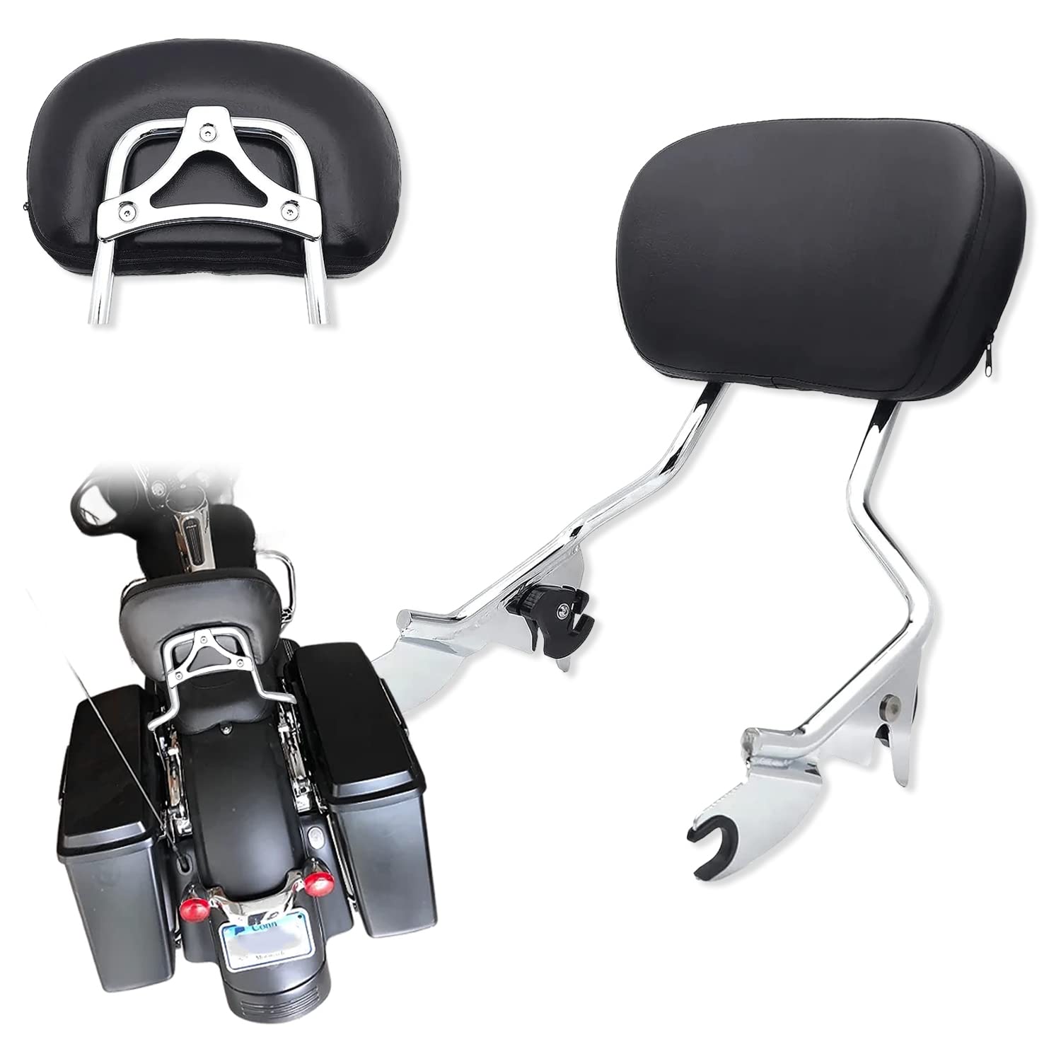 Httmt 501-005+T- Adjustable Chrome Backrest Sissy Bar W/Leather Pad W/Hollow Mounting Plate Compatible With All Year Harley Touring Flhr- Road King Flhx- Street Glide