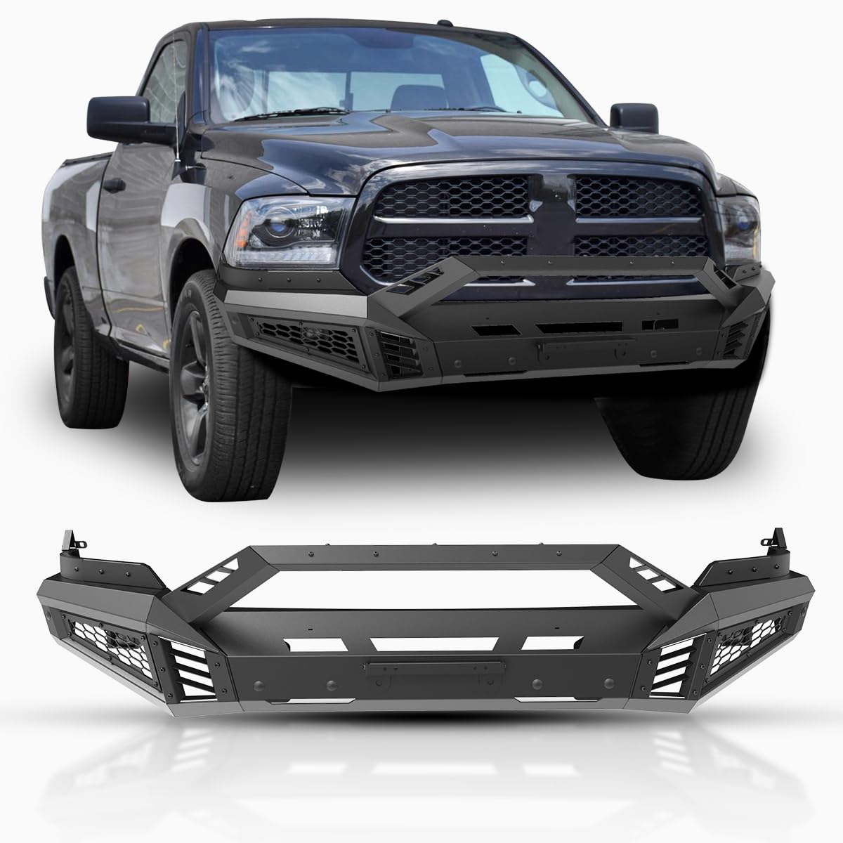 Wolfstorm Front Bumper For 2013-2018 Dodge Ram 1500 Pickup Truck 2019-2023 Ram 1500 Classic(Exculding Warlock) Mid-Width Front Bumper+Side Wing+Bull Bar