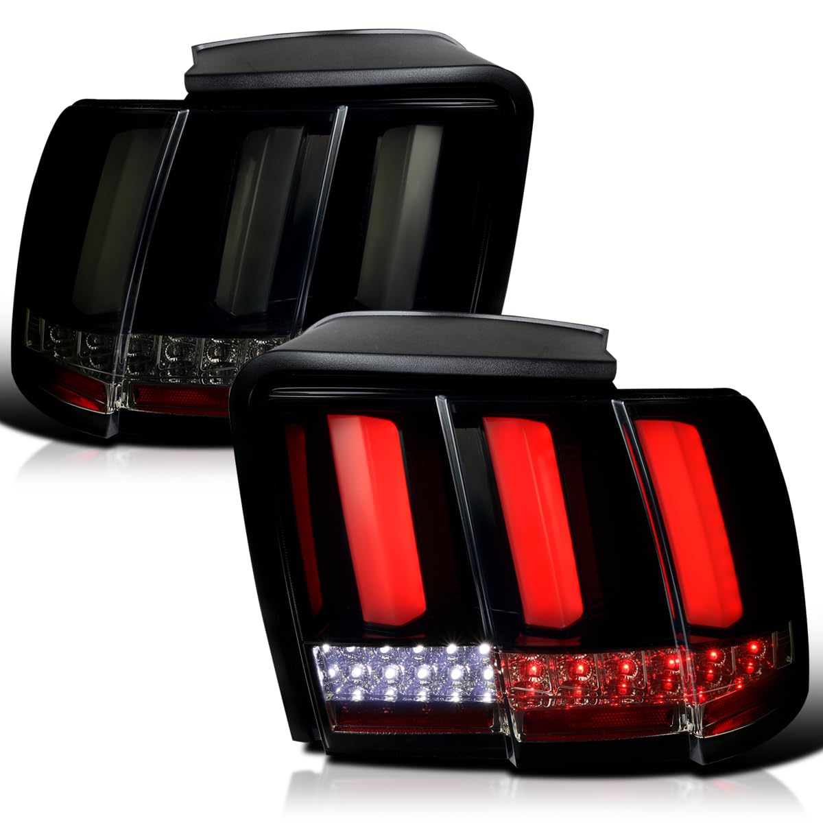 Spec-D Tuning Glossy Black Housing Smoke Lens Sequential Led Bar Tail Lights Compatible With 1999-2004 Ford Mustang, Left + Righ