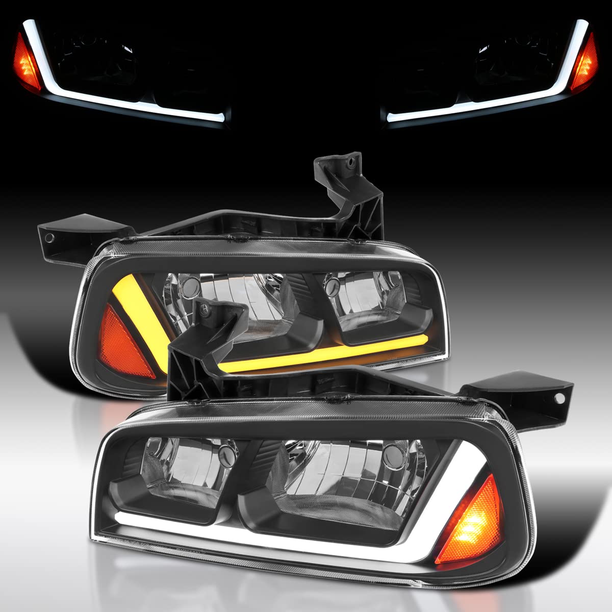 Autozensation Compatible With 2006-2010 Dodge Charger 4Dr Sedan, Left + Right Pair Headlamp Assembly, Black Headlights W/Fiber Optic Led Strip And Turn Signal Light