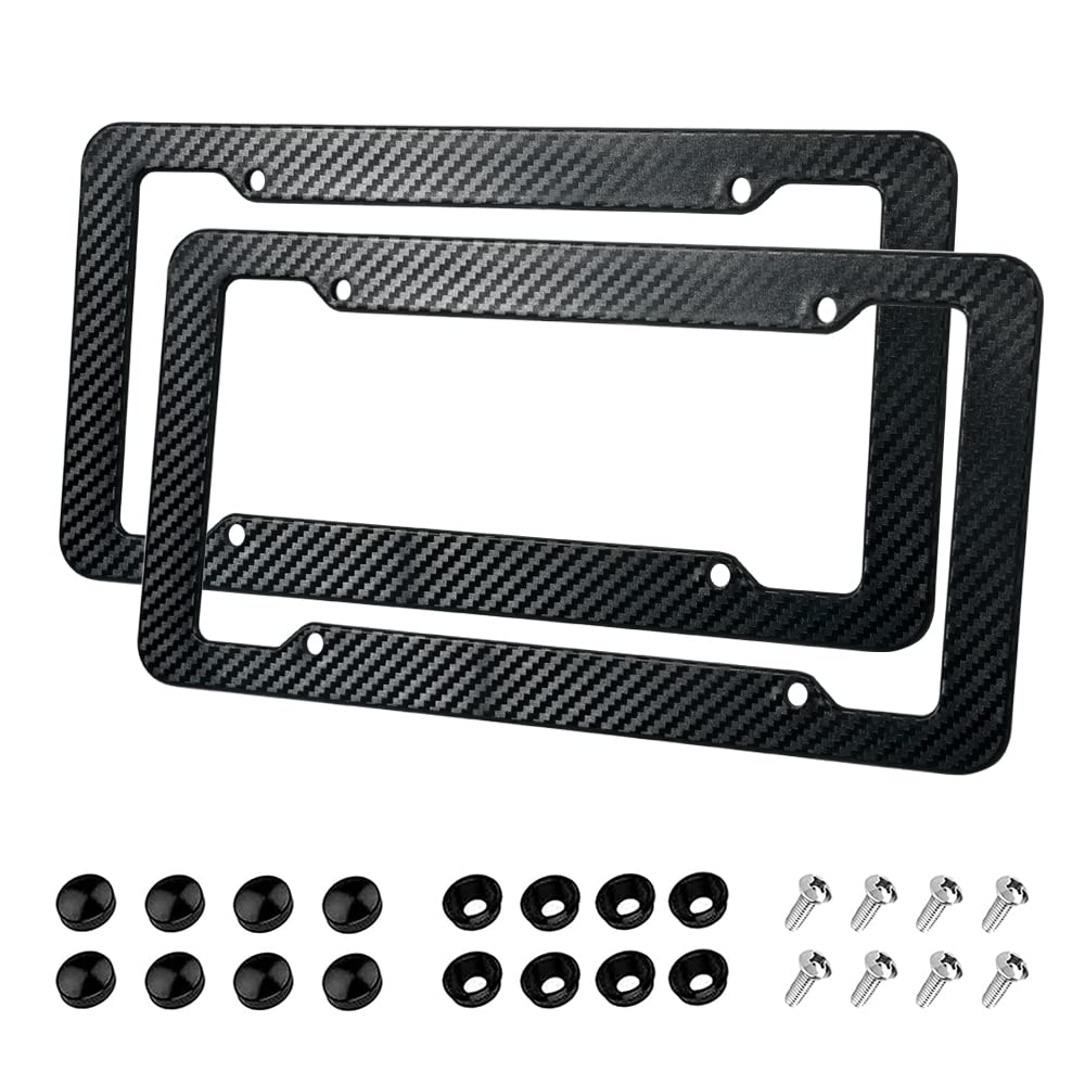 2 Pack License Plate Frames,Carbon Fiber License Plate Frame,Car Tag Cover For Front & Rear With Fasteners And Screws,4 Hole Universal Holder Waterproof Plastic Number Plate Frame
