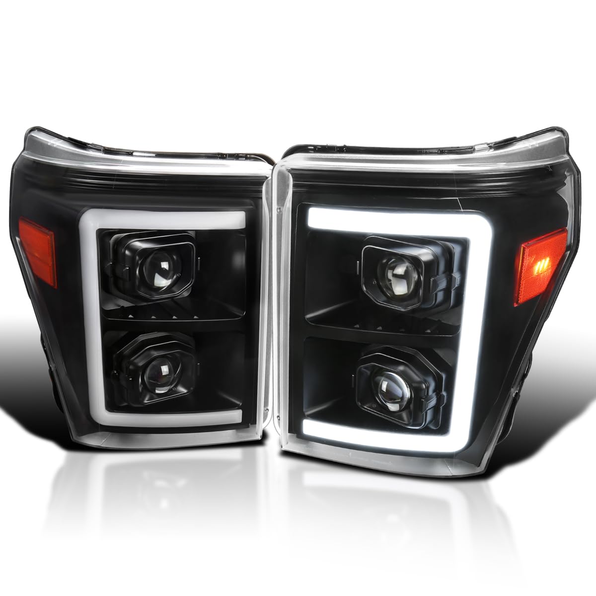 Spec-D Tuning Black Housing Clear Lens Projector Headlights W/Switchback Led Bar Compatible With 2011-2016 Ford F250/F350/F450/F