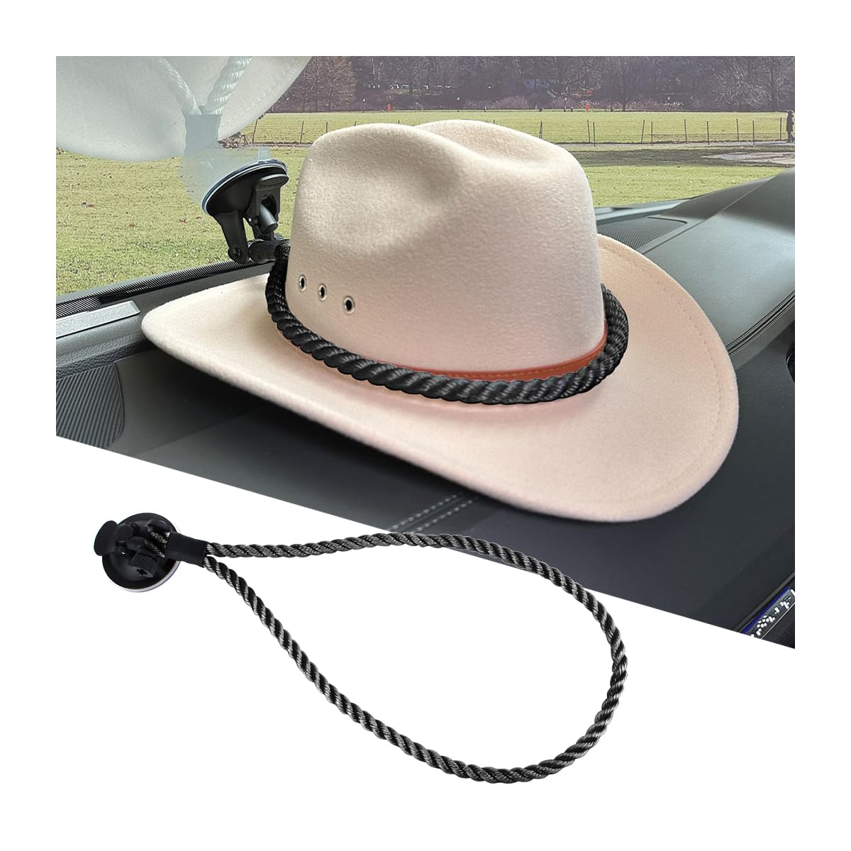 Zipelo Hat Mounts For Car, Cowboy Hat Holder Rack With Suction Cup And Handmade Rope, Car Accessories, Universal Cowboy Hat Hanger For Suv Truck Vehicle Home, Keeps Your Hat On The Dash (Black)