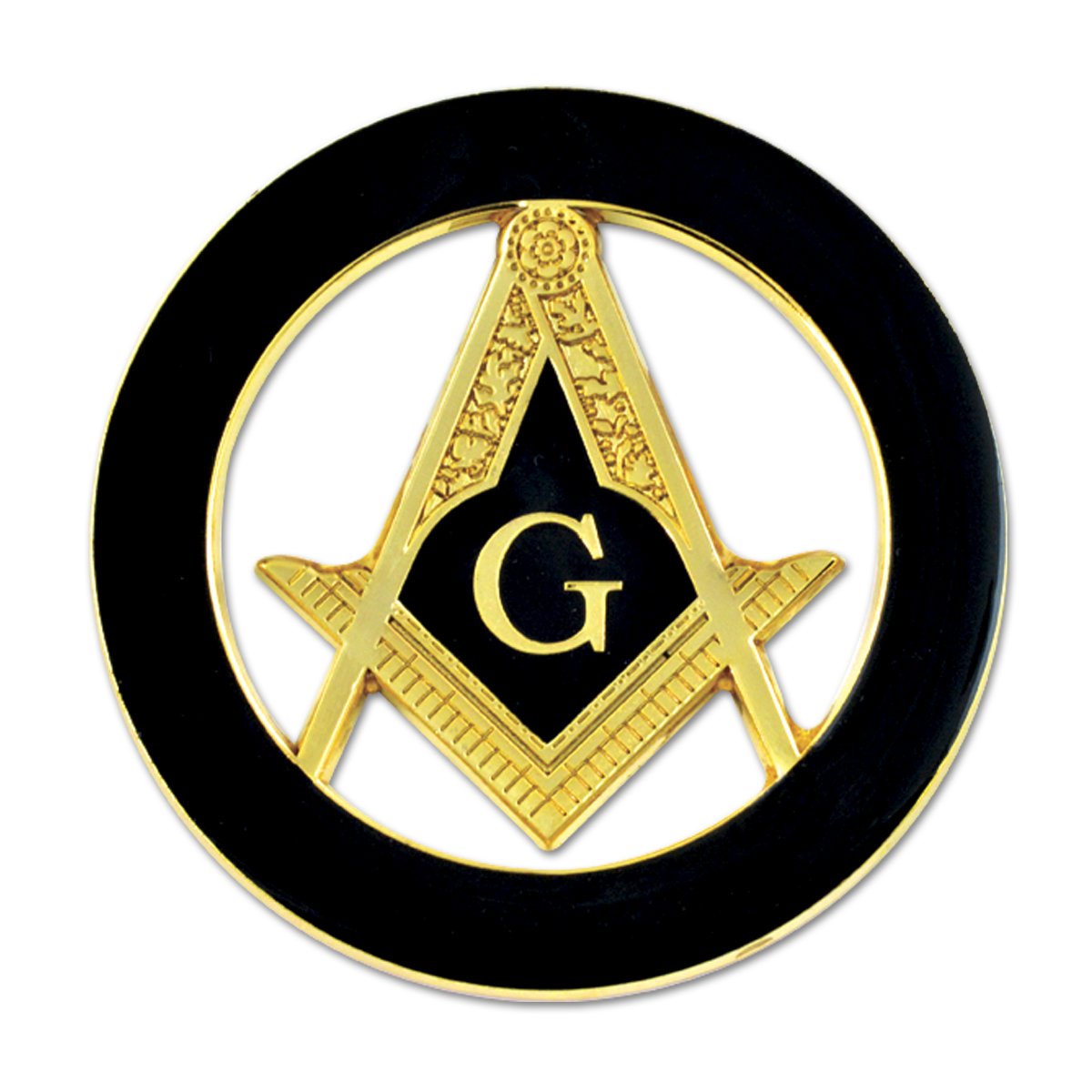 Square & Compass Round Masonic Auto Emblem - [Black & Gold][3'' Diameter]