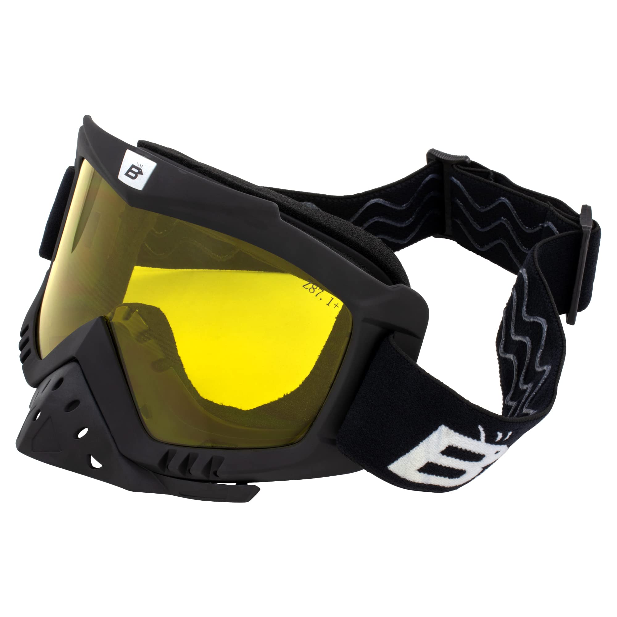 Birdz Eyewear Toucan Motorcycle Atv Utv Motocross Ski Padded Goggles With Detachable Nose Guard Black Frame With Smoke Lens (Yellow)