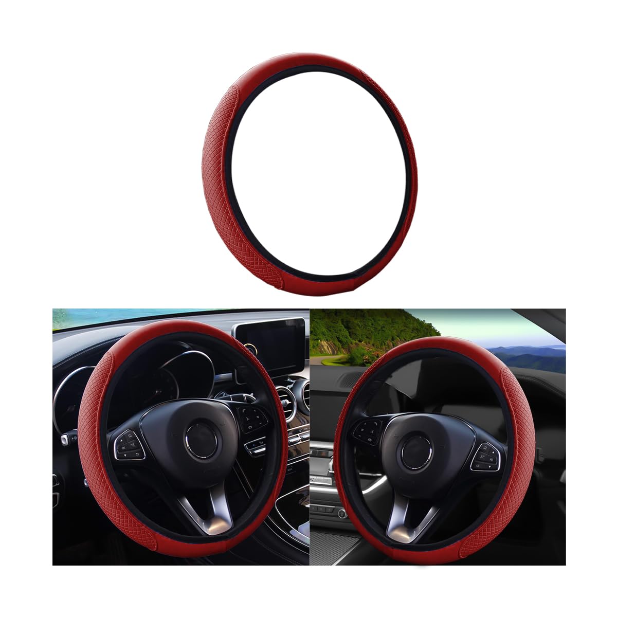 Leather Car Steering Wheel Cover, Anti-Slip Breathable Microfiber Leather Steering Wheel Protector For Women Men, Universal 15'' Elastic Soft Odorless, Car Accessories For Car, Truck, Suv (Wine Red)