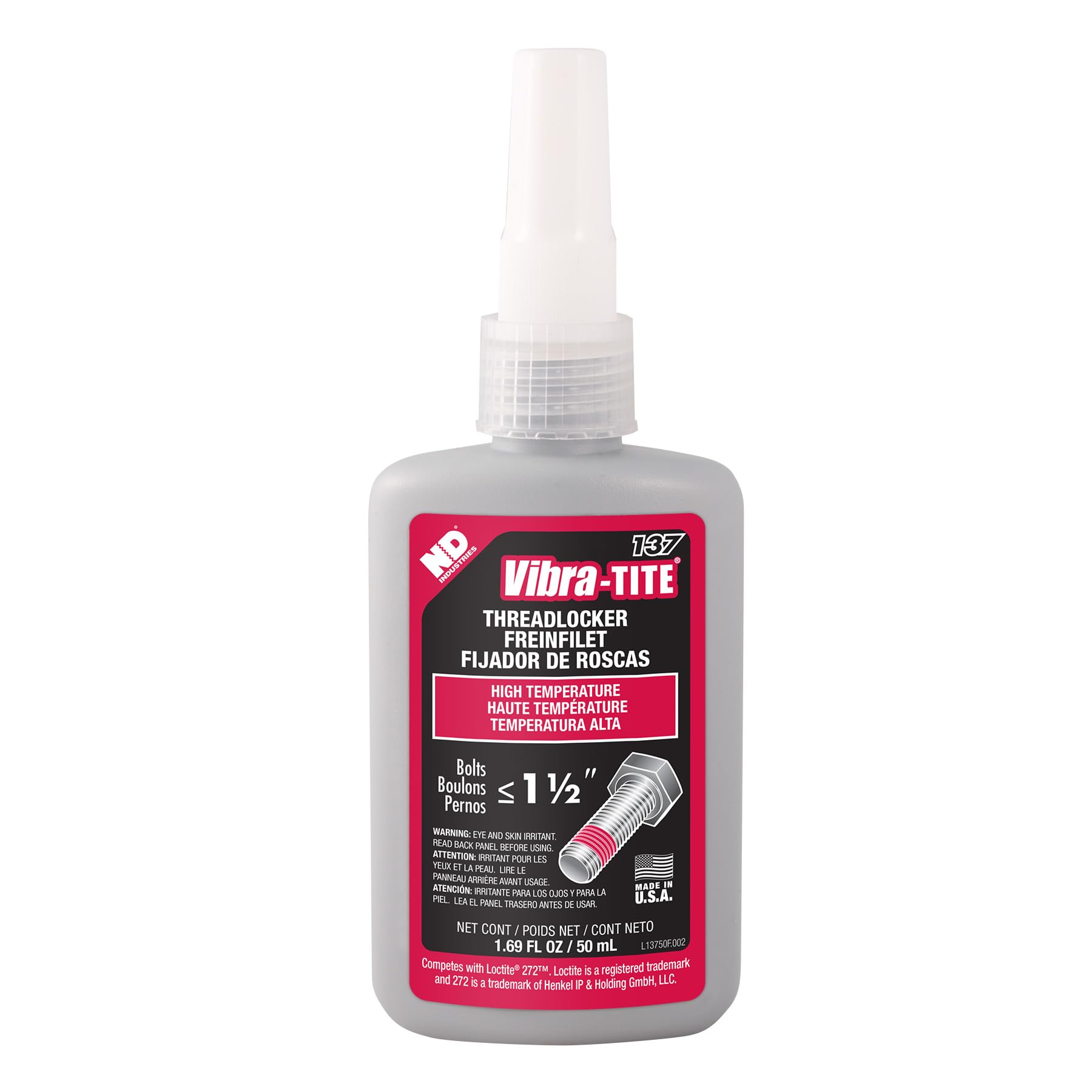 Vibra-Tite - 13750 137 Permanent High Temperature And High Strength Anaerobic Threadlocker, 50 Ml Bottle, Red