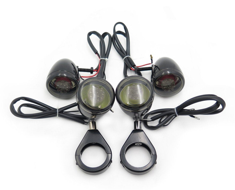 Httmt Mt224-013- Smoke Lens Motorcycle Turn Signals Kit Compatible With Harley Davidson Bullet Led 41Mm Clamp Mount